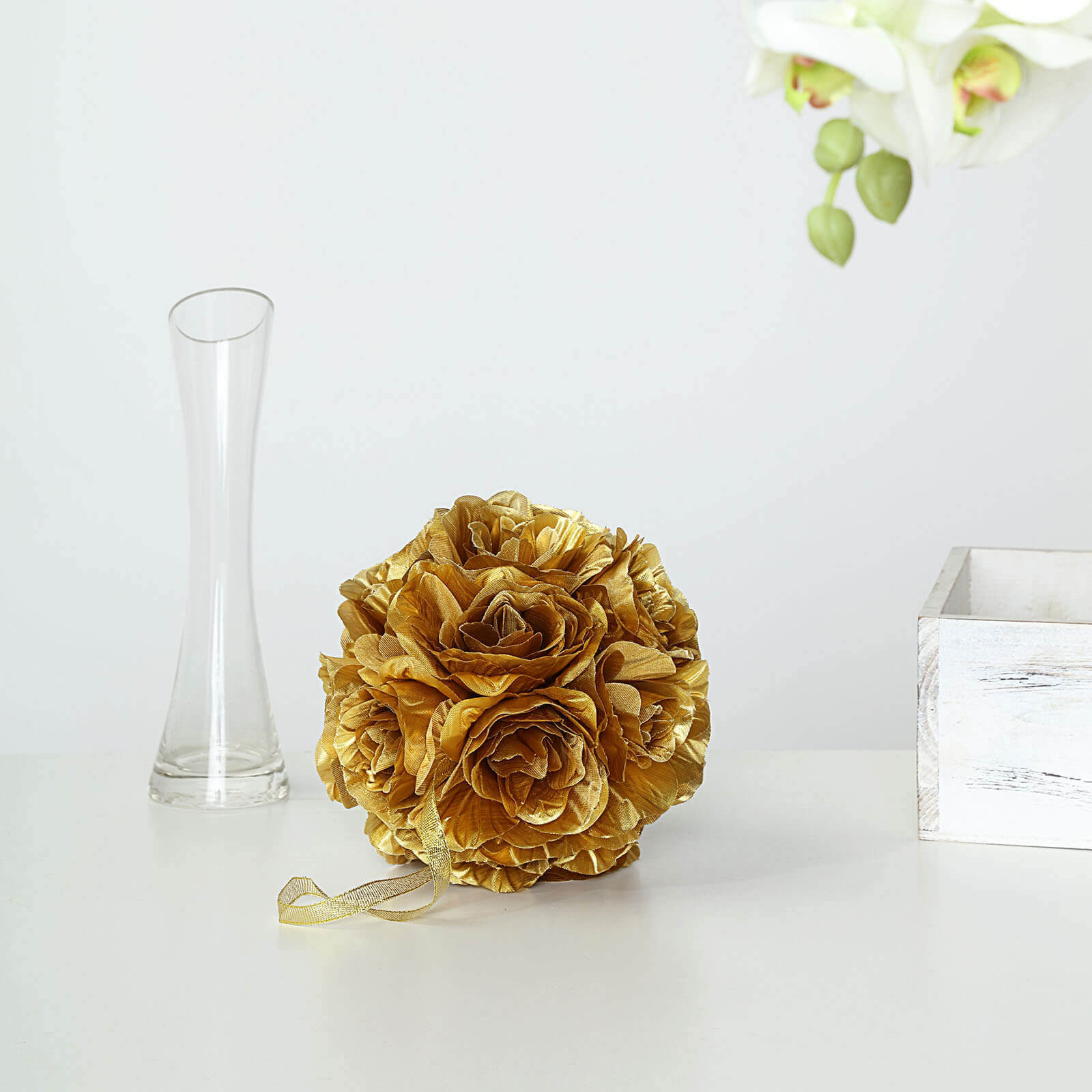 2-Piece Set of 7-Inch Gold Faux Silk Rose Kissing Balls
