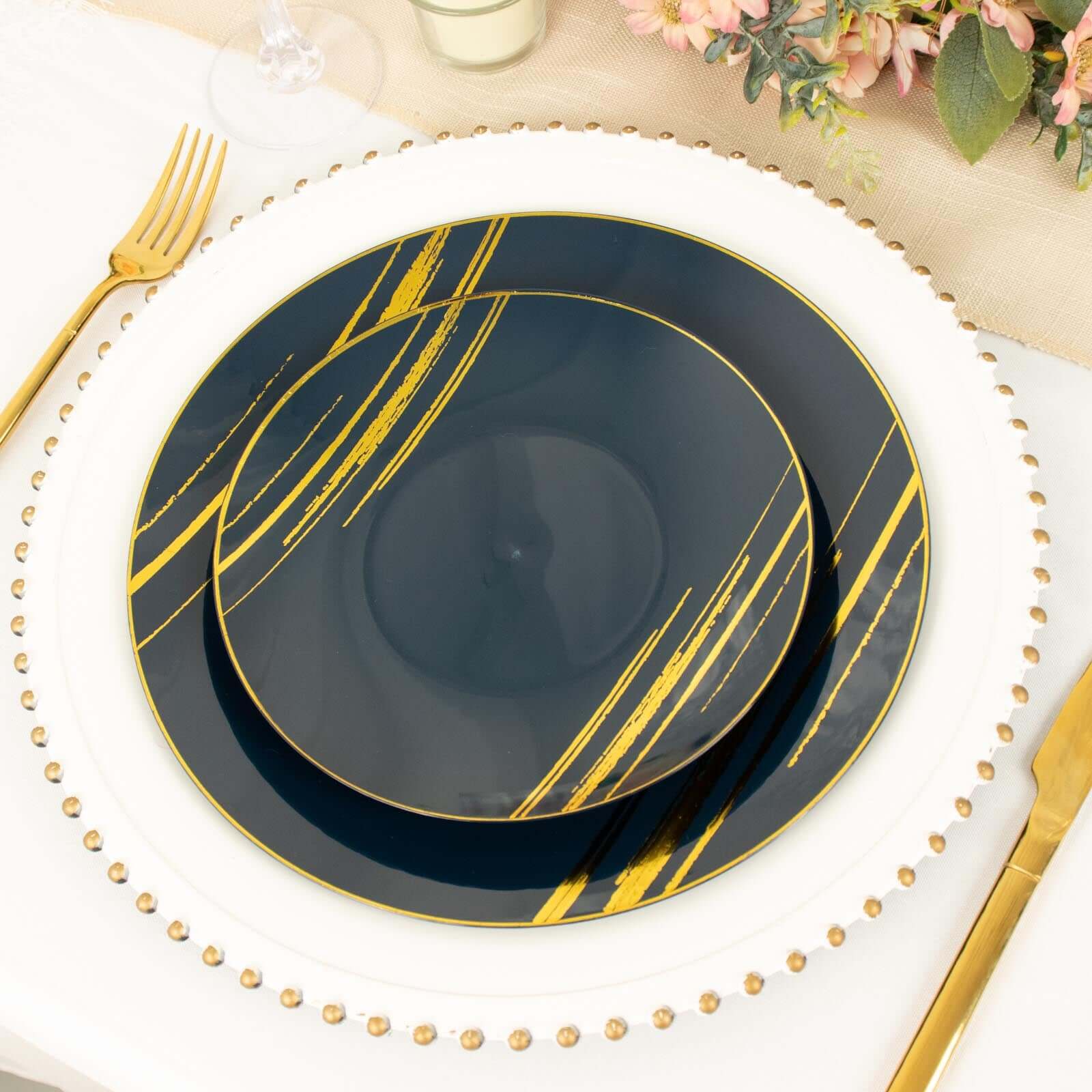 10-Piece Set of Navy Blue Plastic Round Dessert Plates with Gold Brush Print - Disposable Appetizer Salad Plates