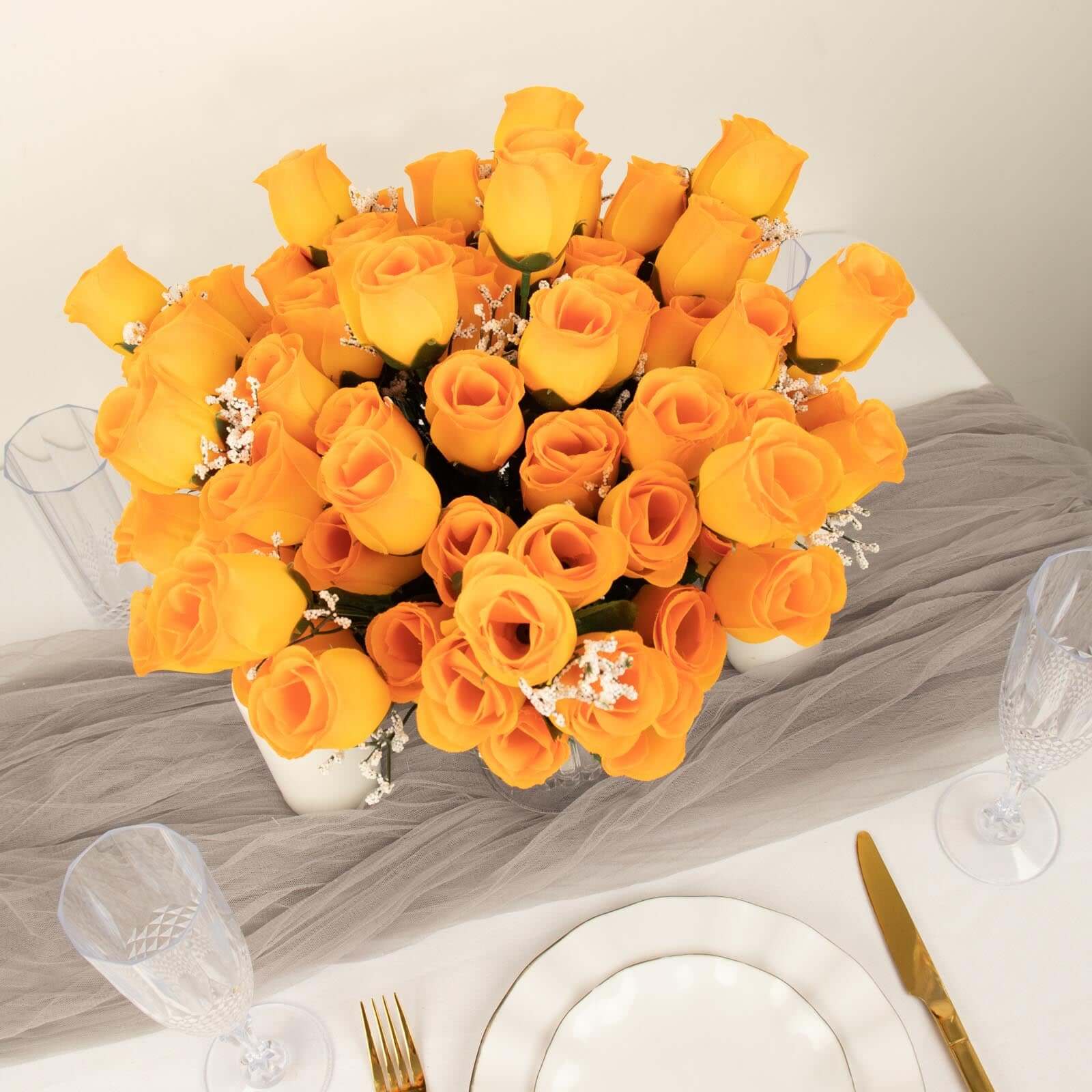 12 Bushes of Premium Orange Artificial Silk Rose Bud Bouquets