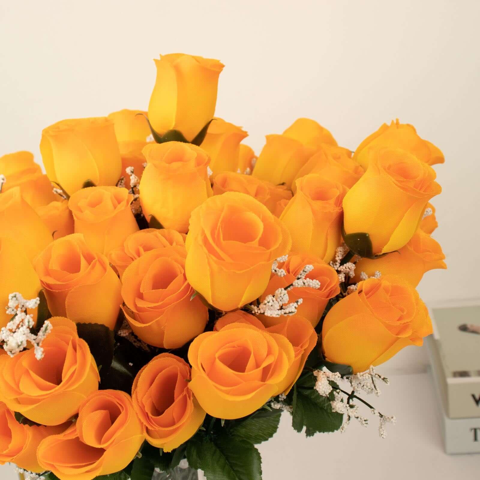 12 Bushes of Premium Orange Artificial Silk Rose Bud Bouquets