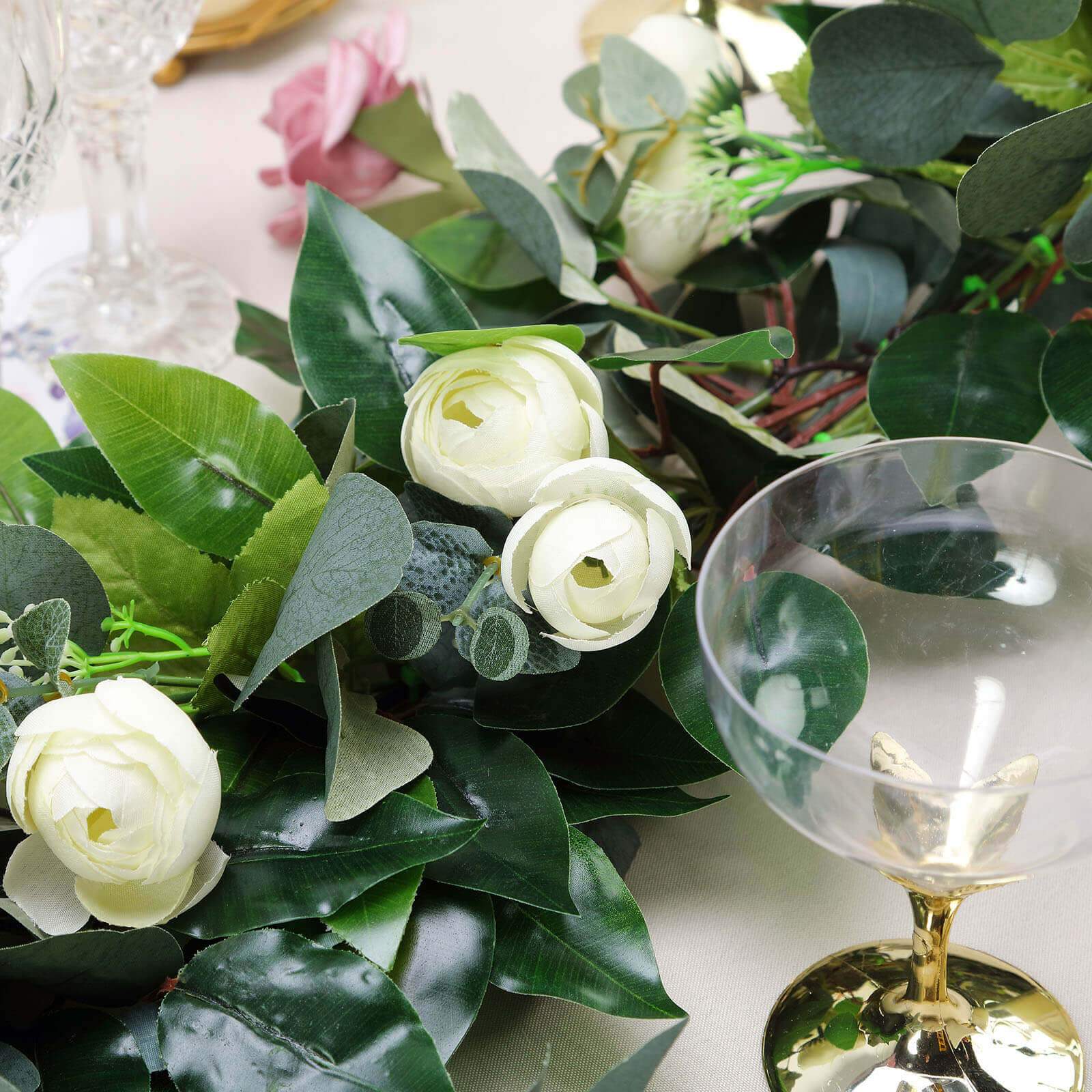 40-Foot Artificial Silk Cream Ranunculus and Eucalyptus Willow Leaf Garland - Ideal Decor