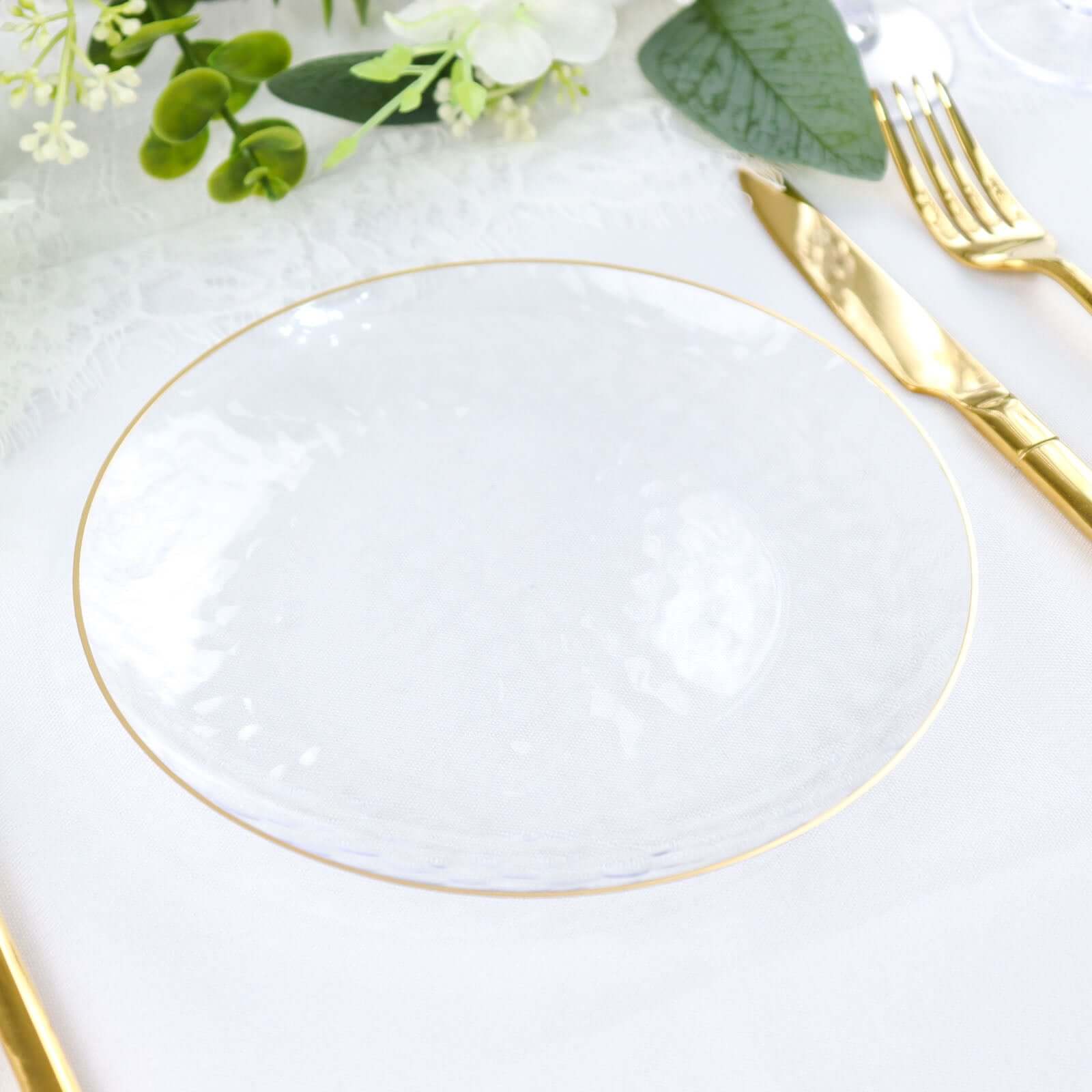 Hot Deal! 10-Pack Clear Plastic Round Dessert Plates with Hammered Gold Rim - Disposable & Modern