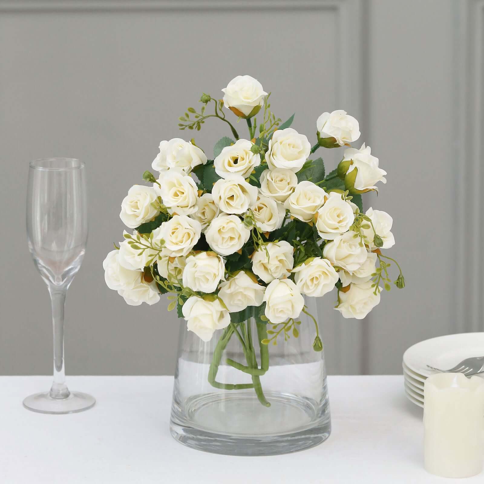 2 Pack of 12-Inch Ivory Artificial Open Rose Flower Arrangements, Small Faux Floral Bouquets