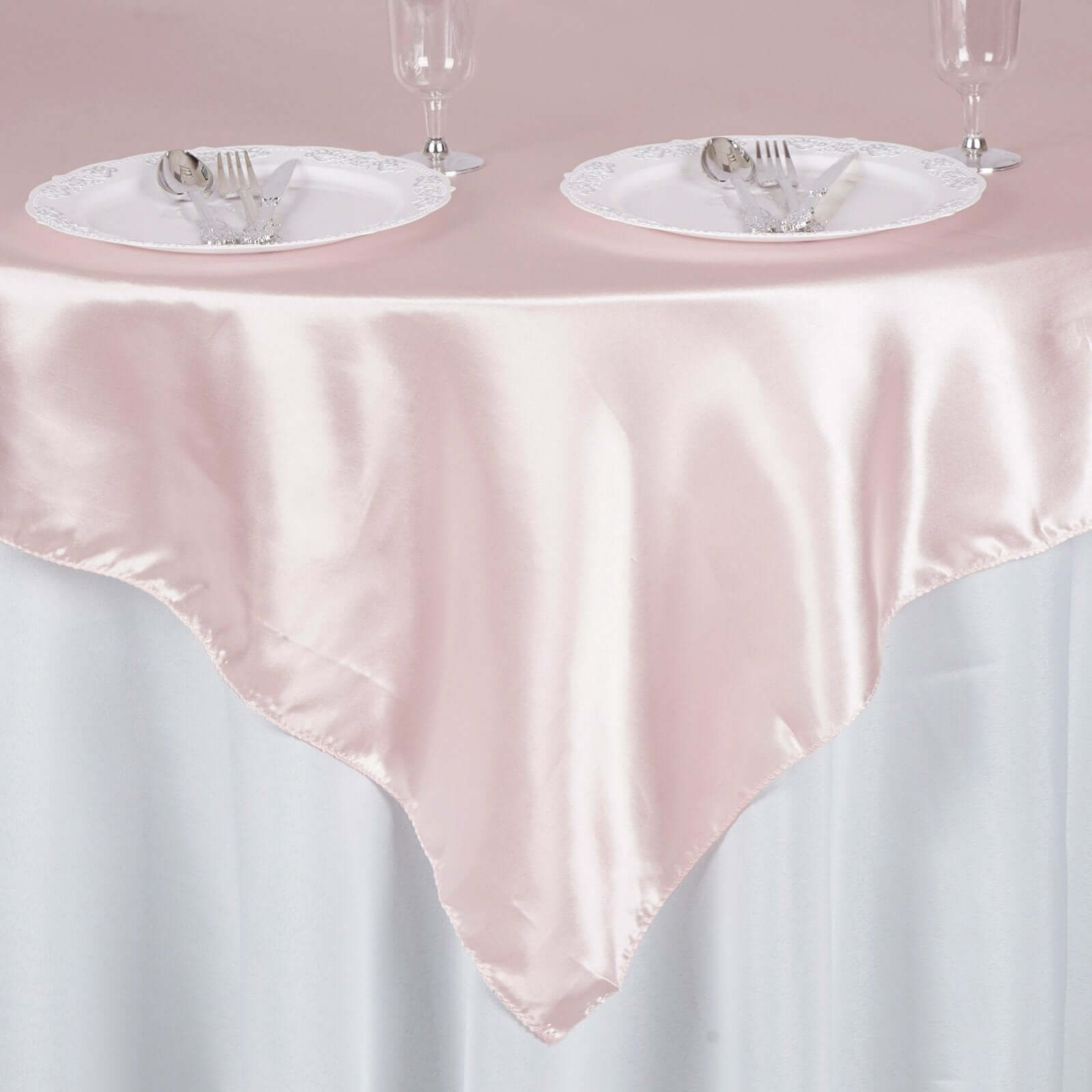 Hot Sale! 72x72 Blush Satin Square Table Overlay with Smooth Finish for Table Decor