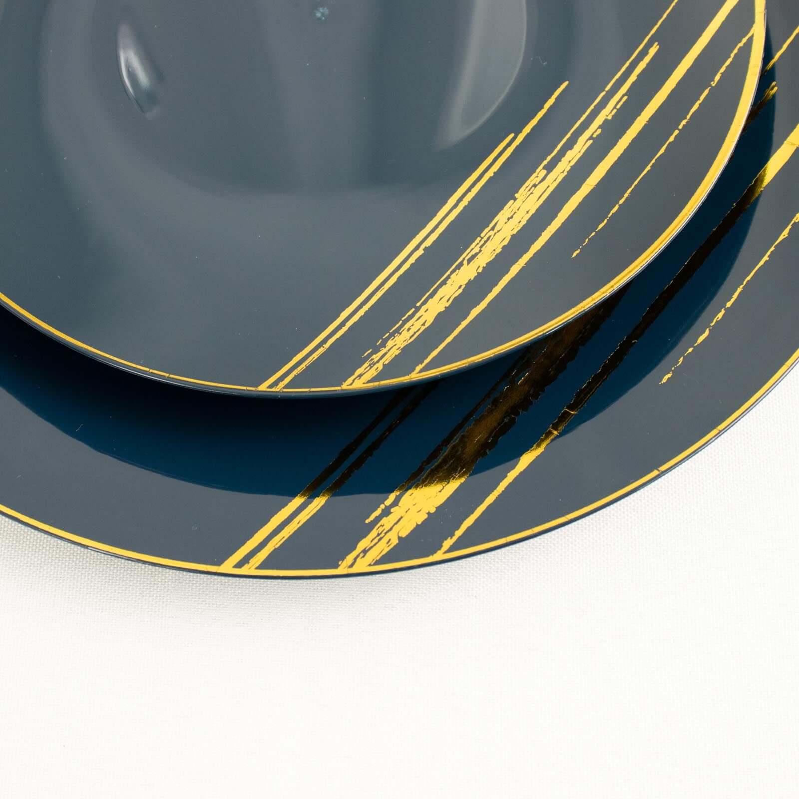 10-Piece Set of Navy Blue Plastic Round Dessert Plates with Gold Brush Print - Disposable Appetizer Salad Plates
