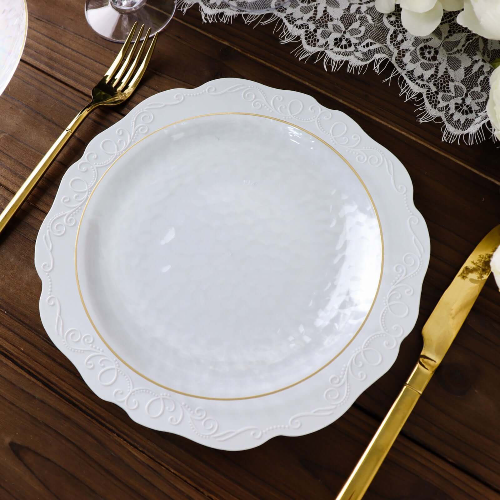 Hot Deal! 10-Pack Clear Plastic Round Dessert Plates with Hammered Gold Rim - Disposable & Modern