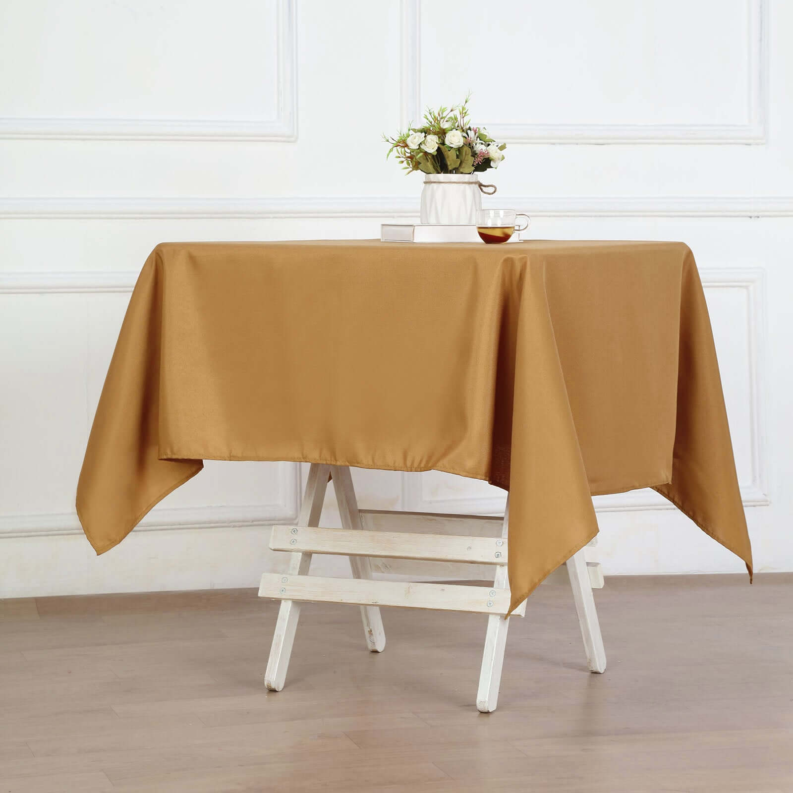 Wrinkle-Resistant & Durable Gold Polyester 54x54 Square Tablecloth for Events