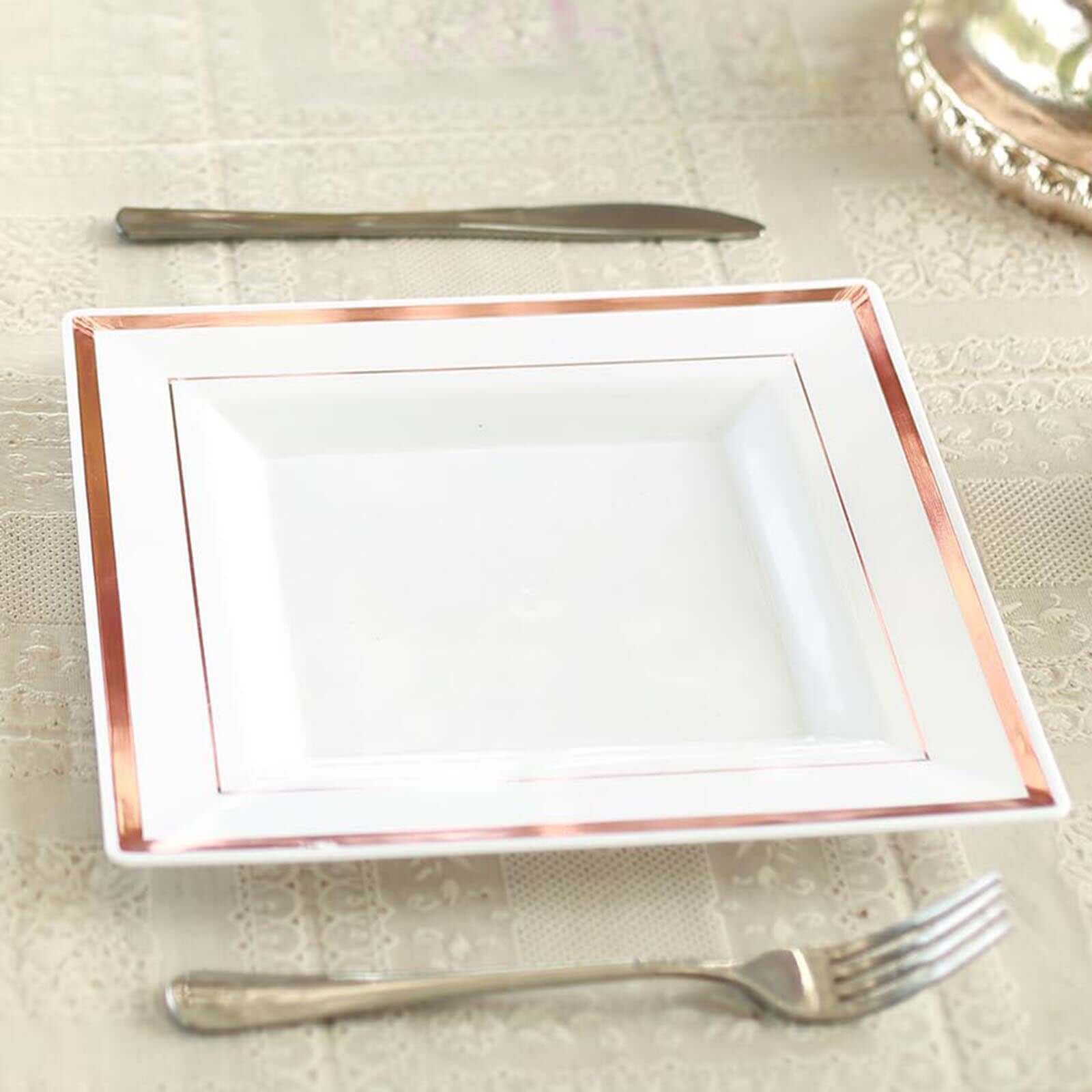 Hot Deal! 10-Pack White Square Plastic Dinner Plates with Rose Gold Trim for Events