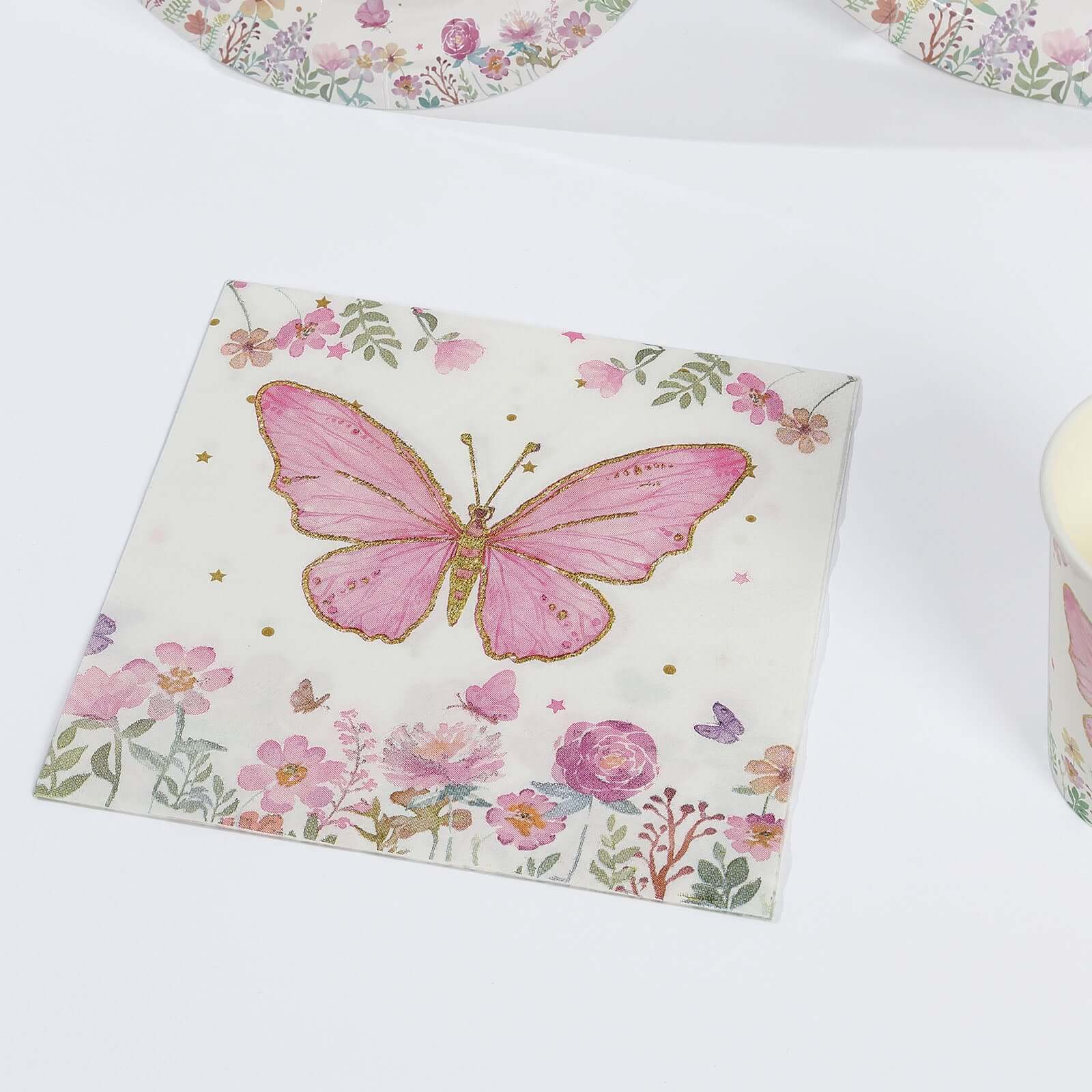 96-Piece Disposable Paper Dinnerware Set with Butterfly Print in White and Pink