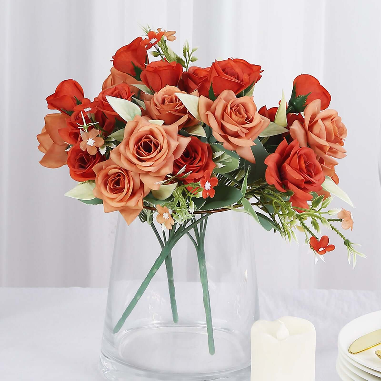 12-inch Terracotta (Rust) Artificial Silk Rose Flower Bouquet with 4 Bushes for Various Occasions
