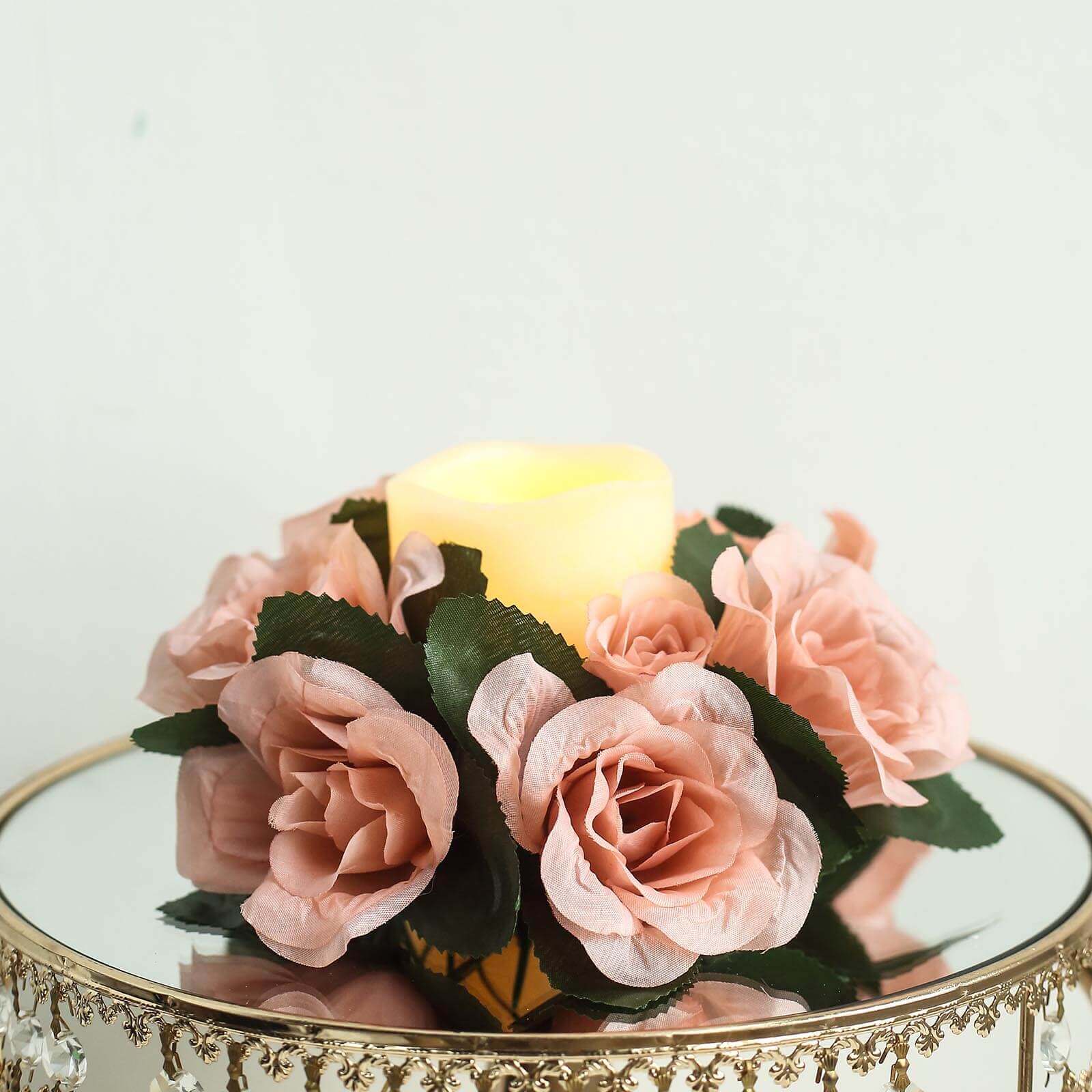 4-Pack Dusty Rose Artificial Silk Rose Flower Candle Rings - Perfect Decor!