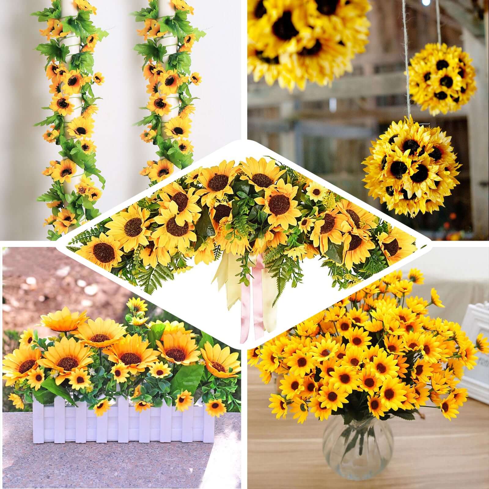 70 Yellow Artificial Silk Sunflowers in 5 Bushes for Vase Decoration