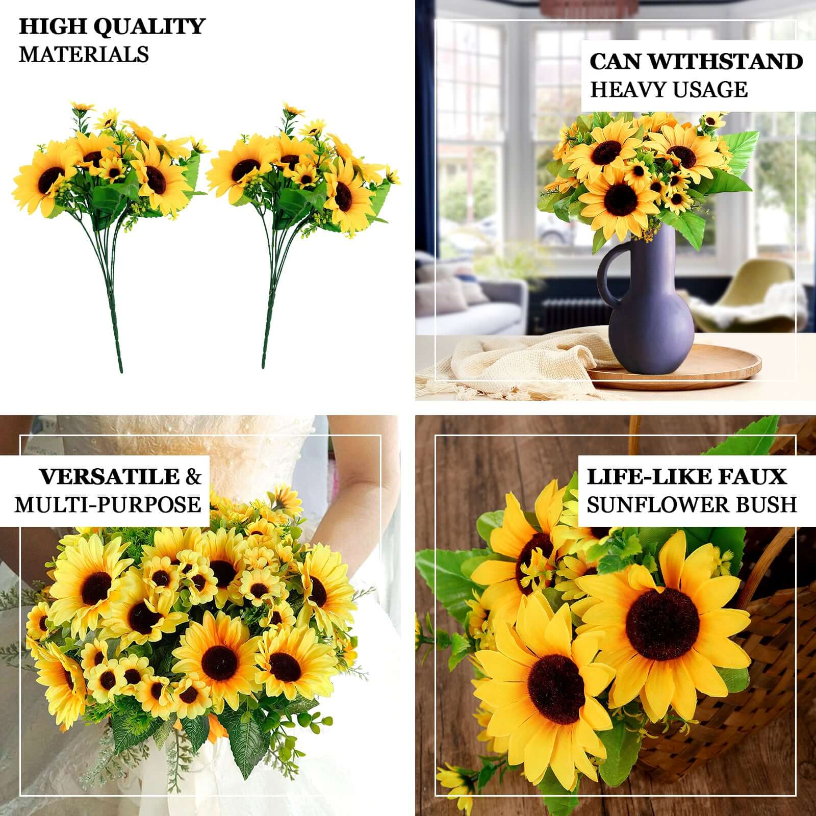 2 Bouquets of 13 Yellow Silk Artificial Sunflower Flower Bushes for Decor