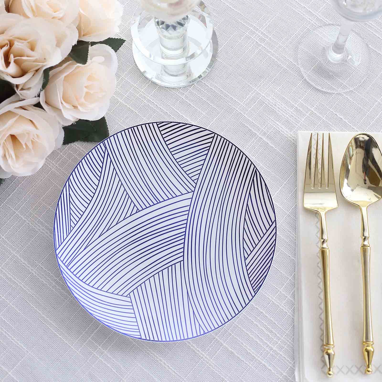Great Deal! 10-Pack Disposable Plastic Round Dessert Plates in White with Blue Wave Pattern, 7 Inches