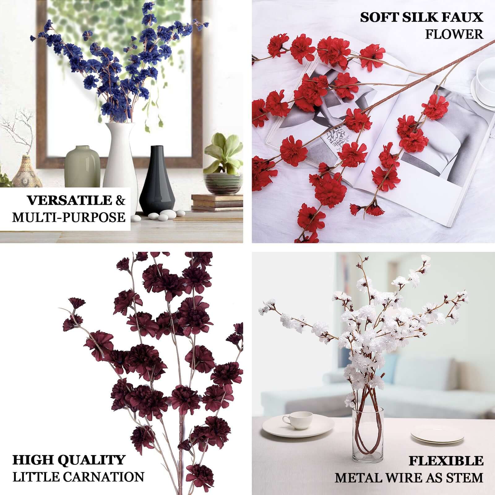 Discount! 2 Branches 42" Tall Burgundy Artificial Silk Carnation Stems