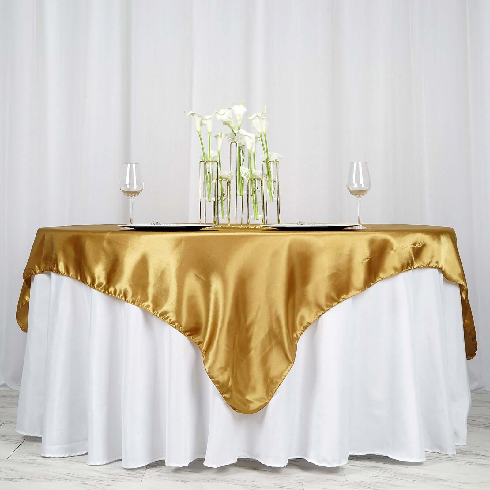 Luxurious Gold Satin 72x72 Square Table Overlay with Smooth Finish for Special Events