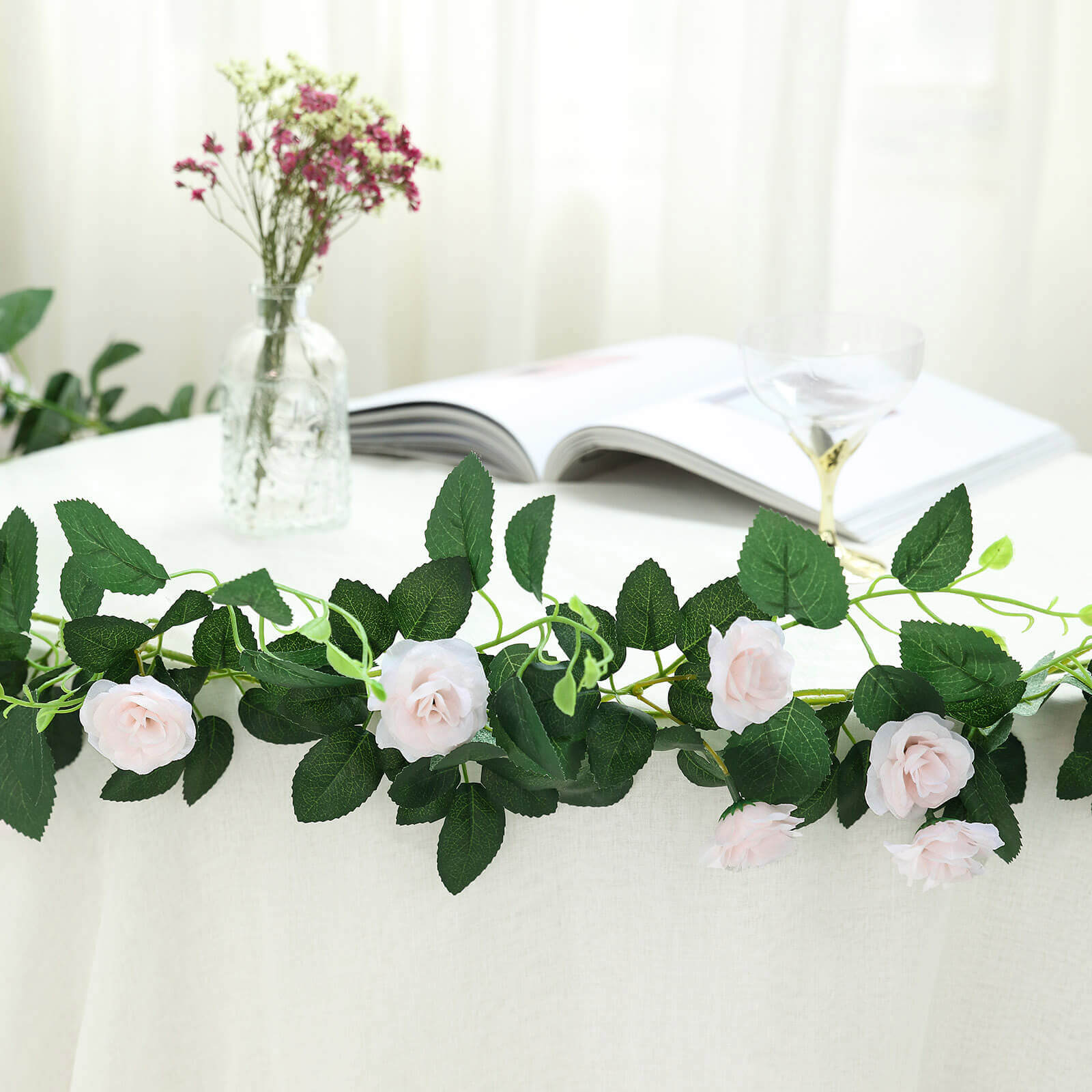 6-Foot Blush Silk Artificial Rose Flower Garland with 20 Roses