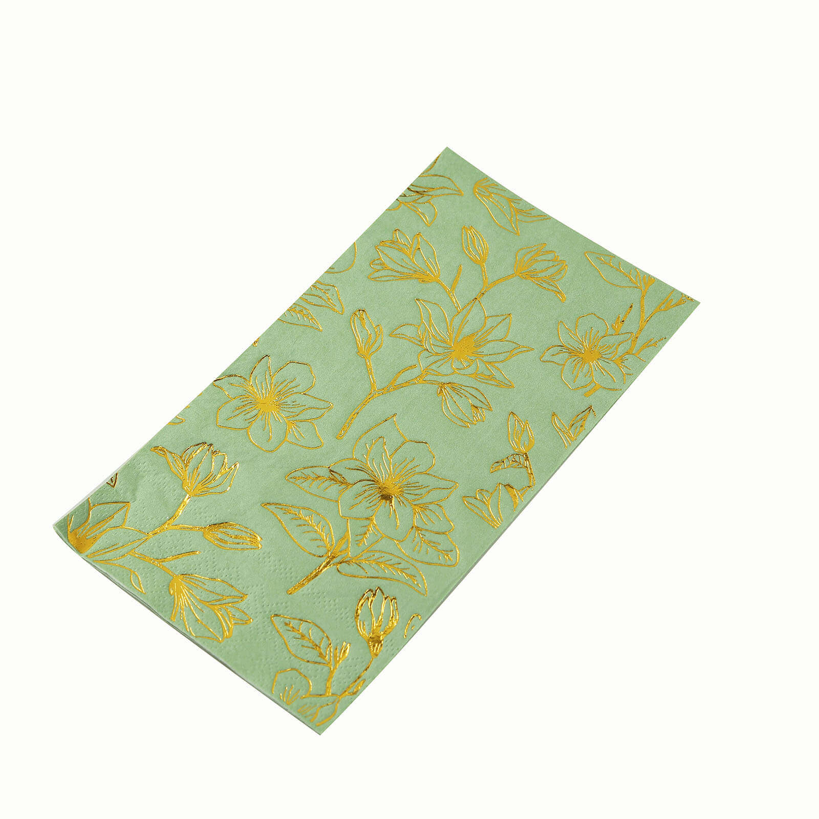 50-Pack Disposable 2-Ply Paper Dinner Napkins: Sage Green with Gold Magnolia Prints - Ideal for Parties