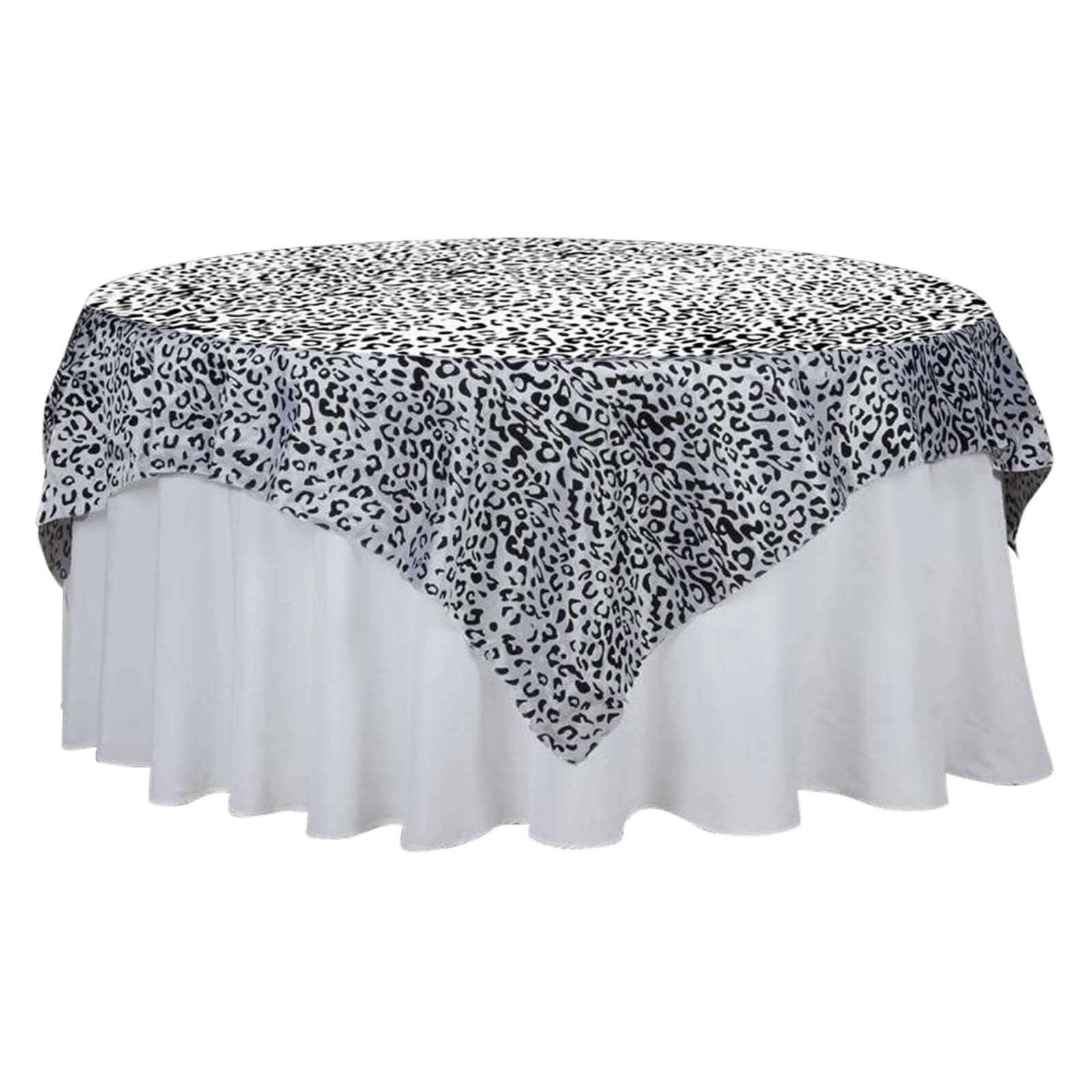Hot! 90x90 Taffeta Table Overlay in Black/White Leopard Print for Wild Events