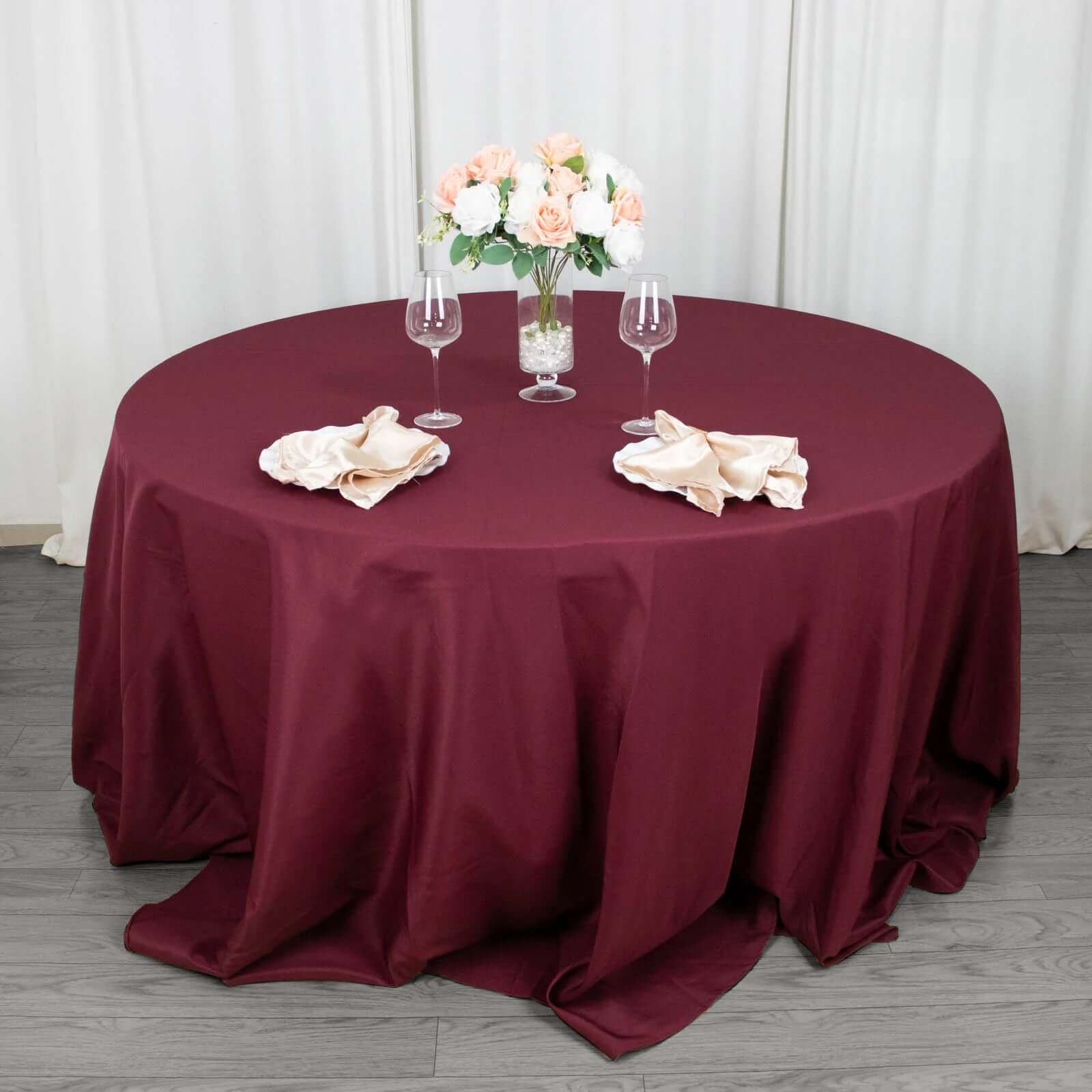 Hot Sale! 132-Inch Seamless Burgundy Premium Polyester Round Tablecloth, 220GSM Wrinkle-Resistant