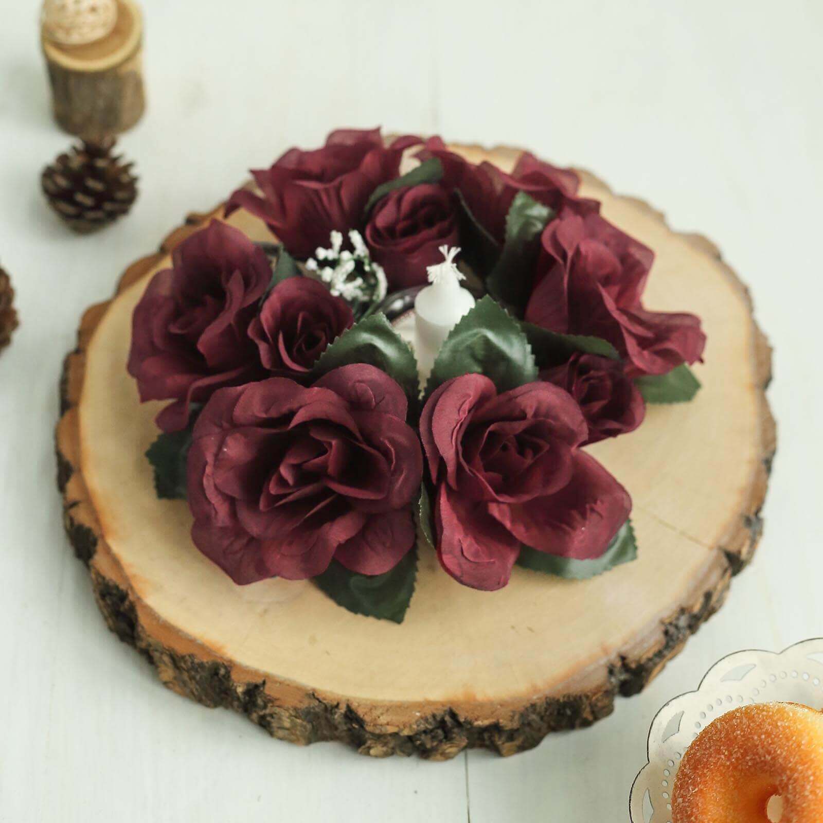 4-Pack Burgundy Artificial Silk Rose Flower Candle Rings - Ideal Decor!
