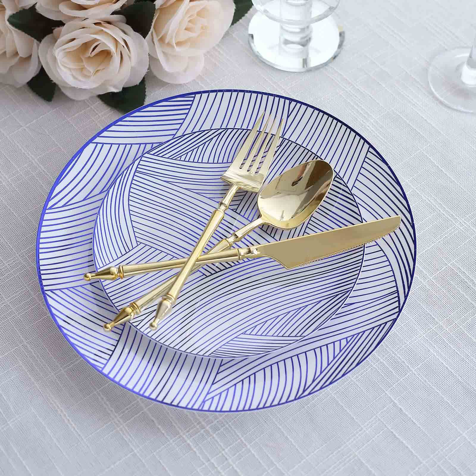 Great Deal! 10-Pack Disposable Plastic Round Dessert Plates in White with Blue Wave Pattern, 7 Inches