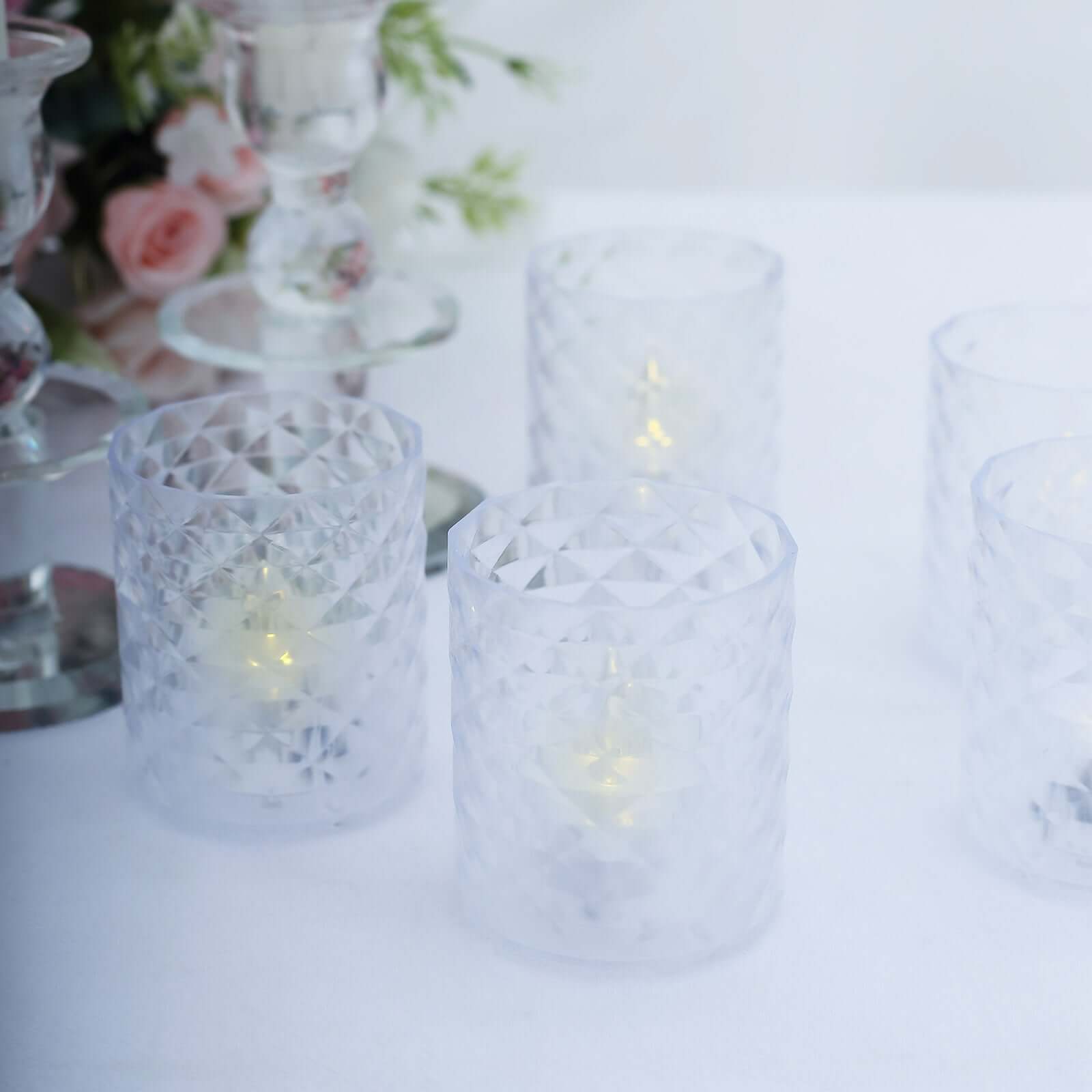 12-Piece Set of Clear LED Tealight Candle Holders in Whiskey Glass Design with Warm White Battery-Operated Lights