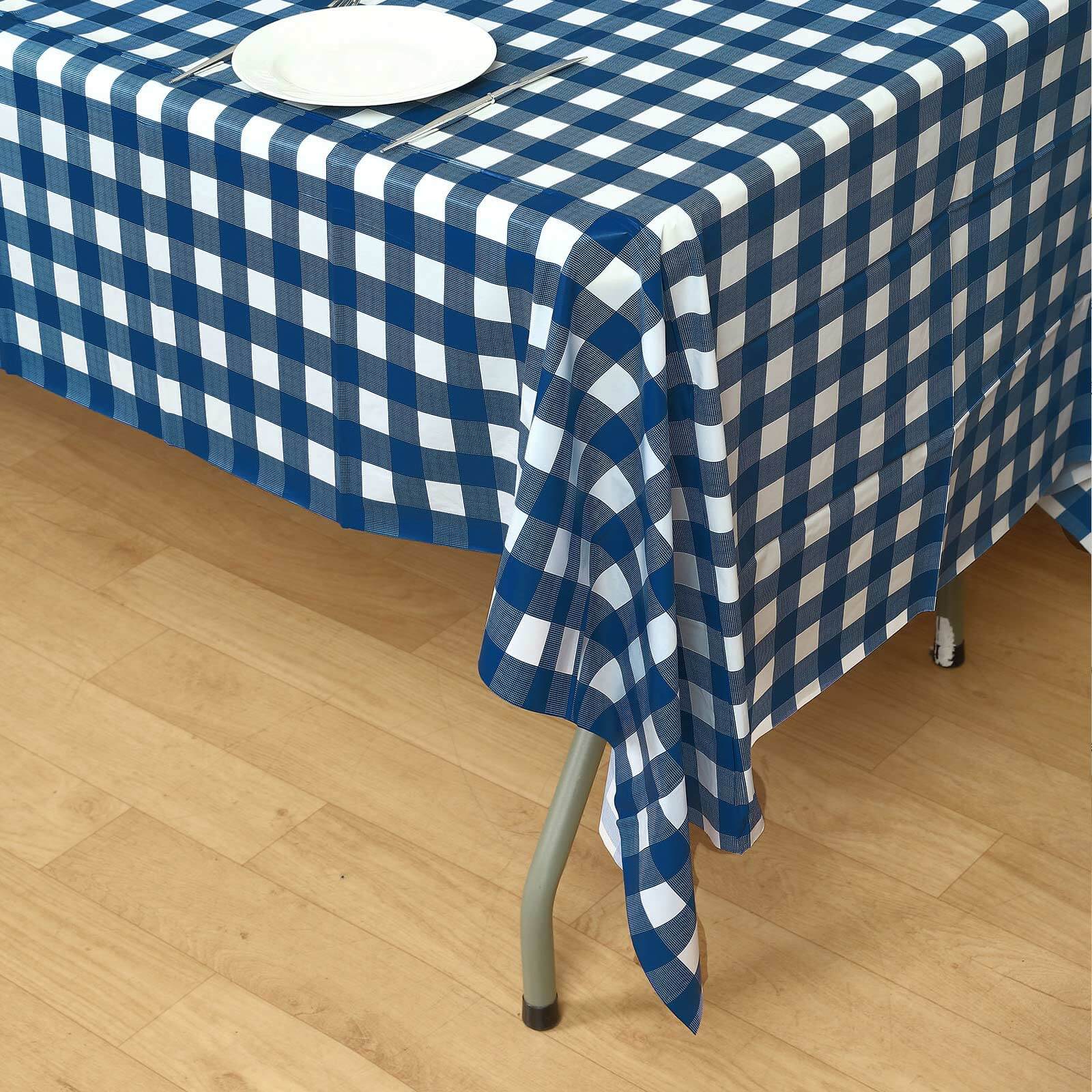 5-Pack Durable PVC Disposable Navy Blue Checkered Rectangle Plastic Table Covers for Events, 54x108