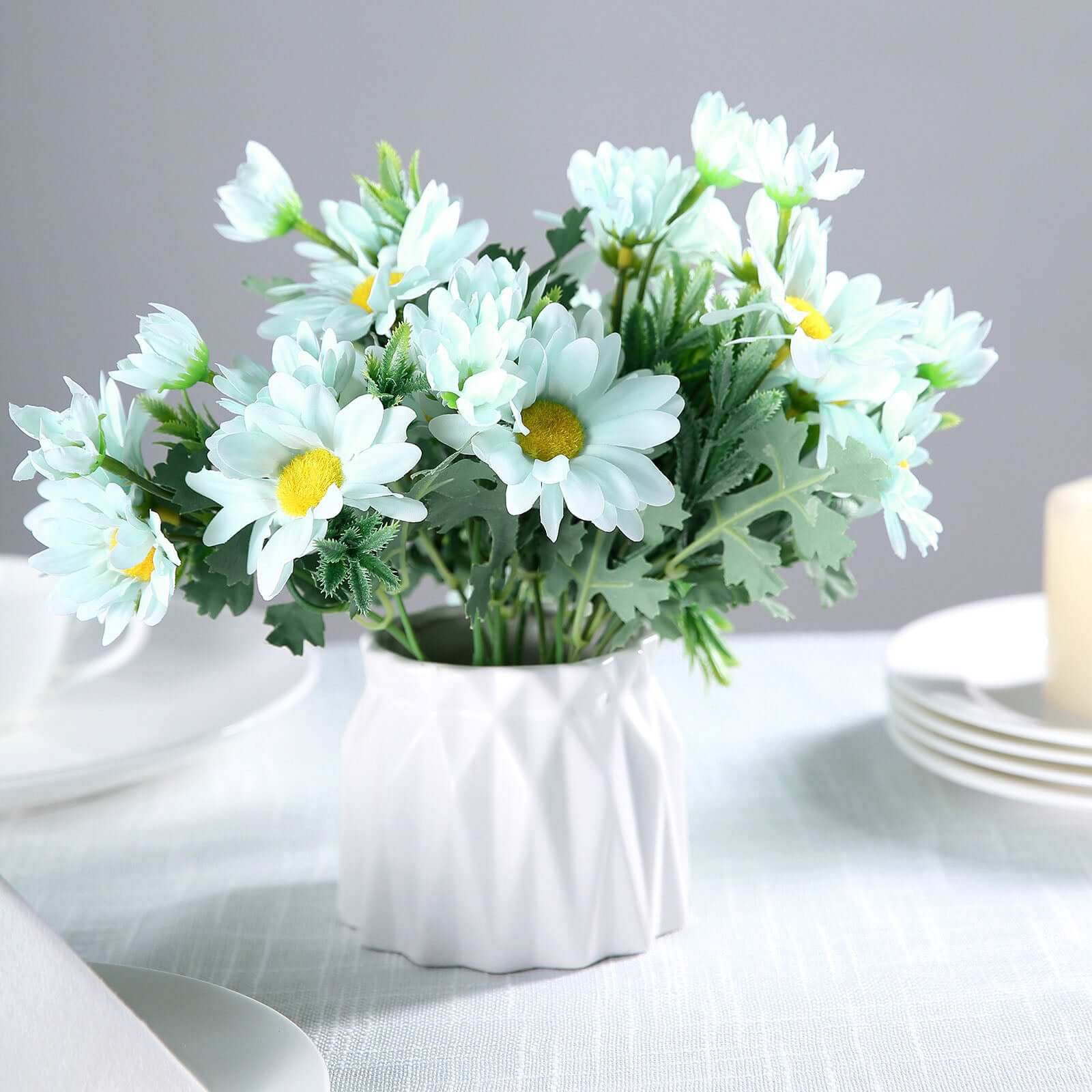 4 Artificial Light Blue Silk Daisy Flower Bouquet Branches with 11 Blooms