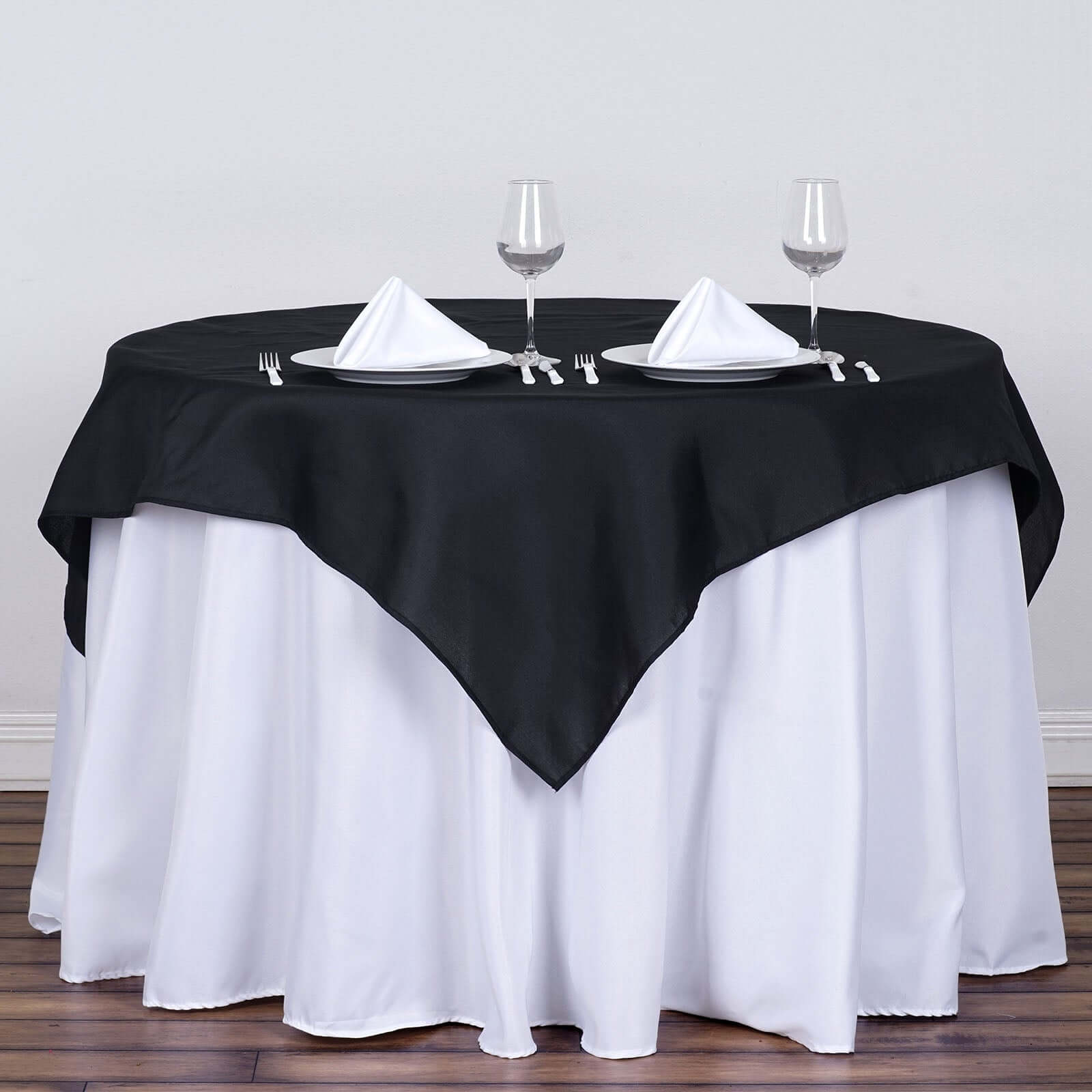 Black 54x54 Polyester Square Table Overlay - Durable & Wrinkle-Resistant for Events