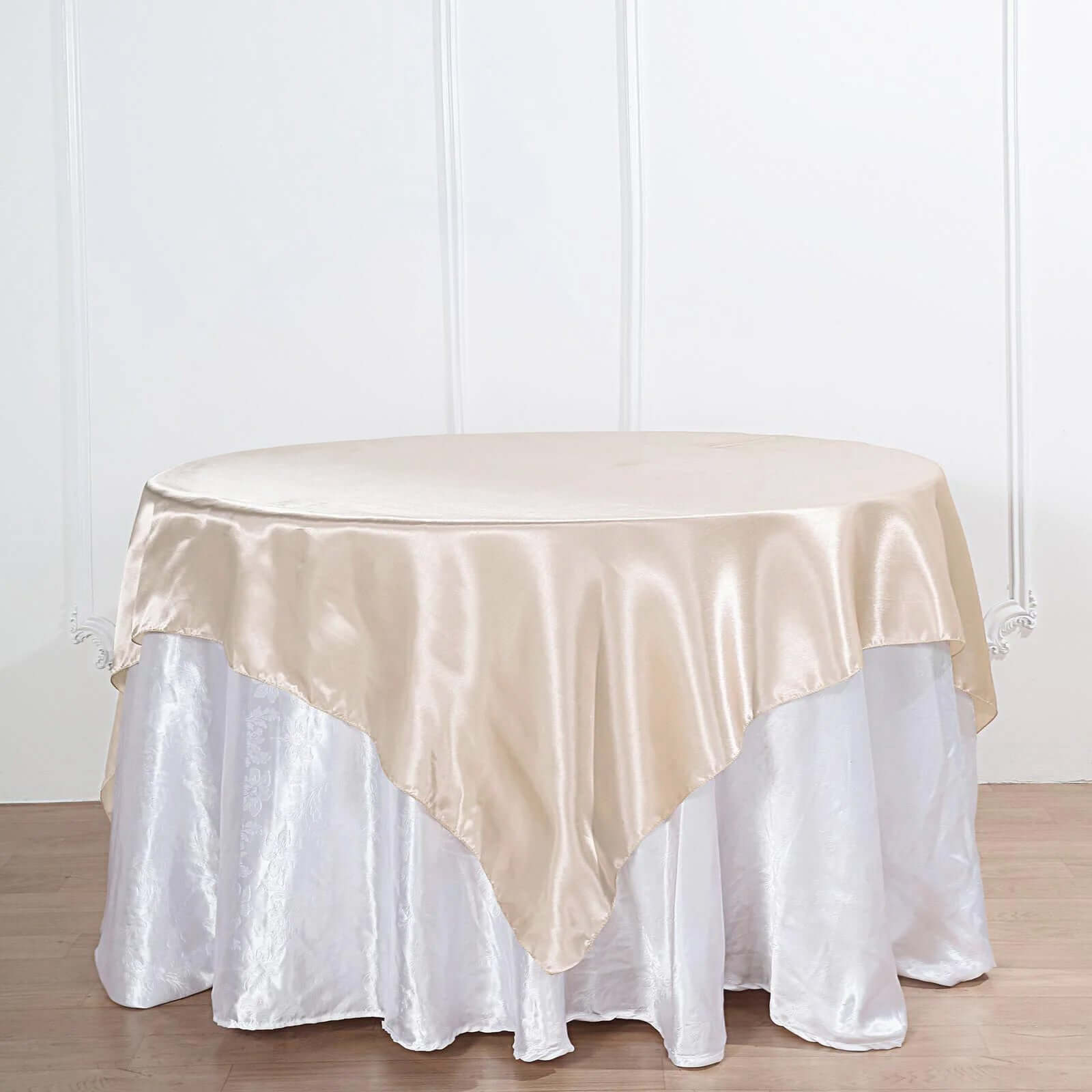 Beige Satin Square Table Overlay - 72x72, Smooth Finish for Weddings and Parties