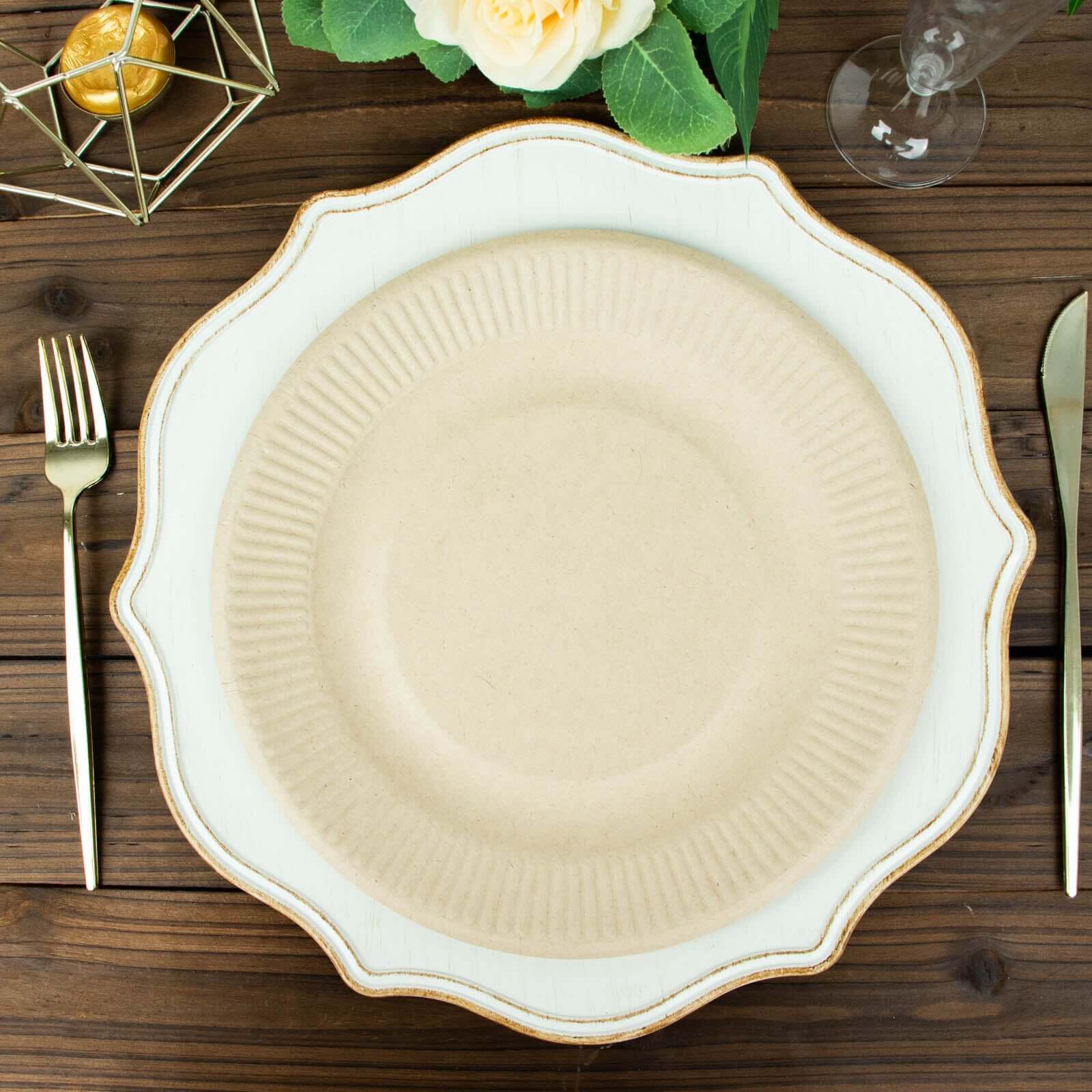 50-Pack Natural Ribbed Rim Round Dinner Plates Made of Bagasse - Eco-Friendly Sugarcane Party Plates