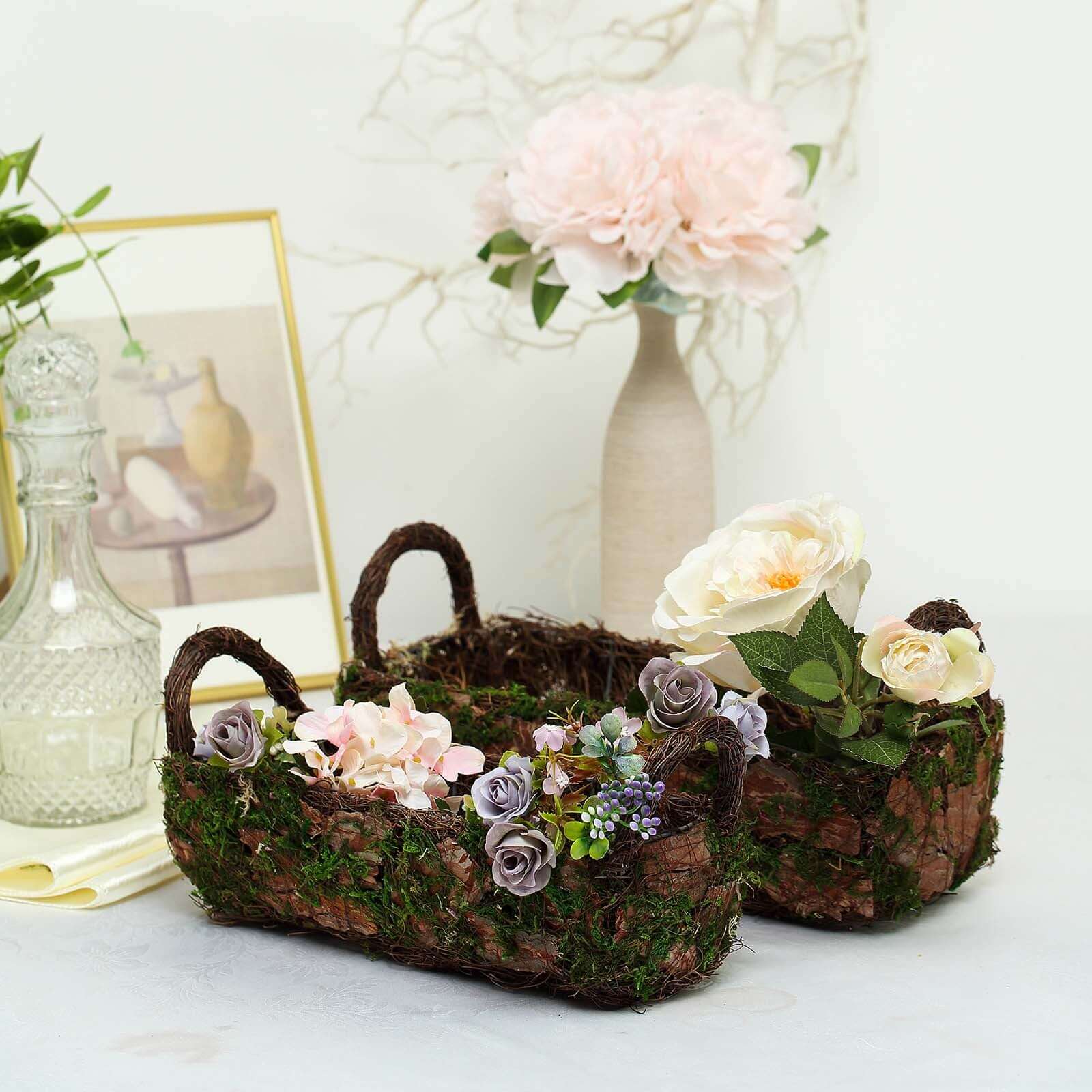 Special Offer! Set of 2 Rustic Moss Log-Shaped Planter Boxes with Handles for Flower Arrangements