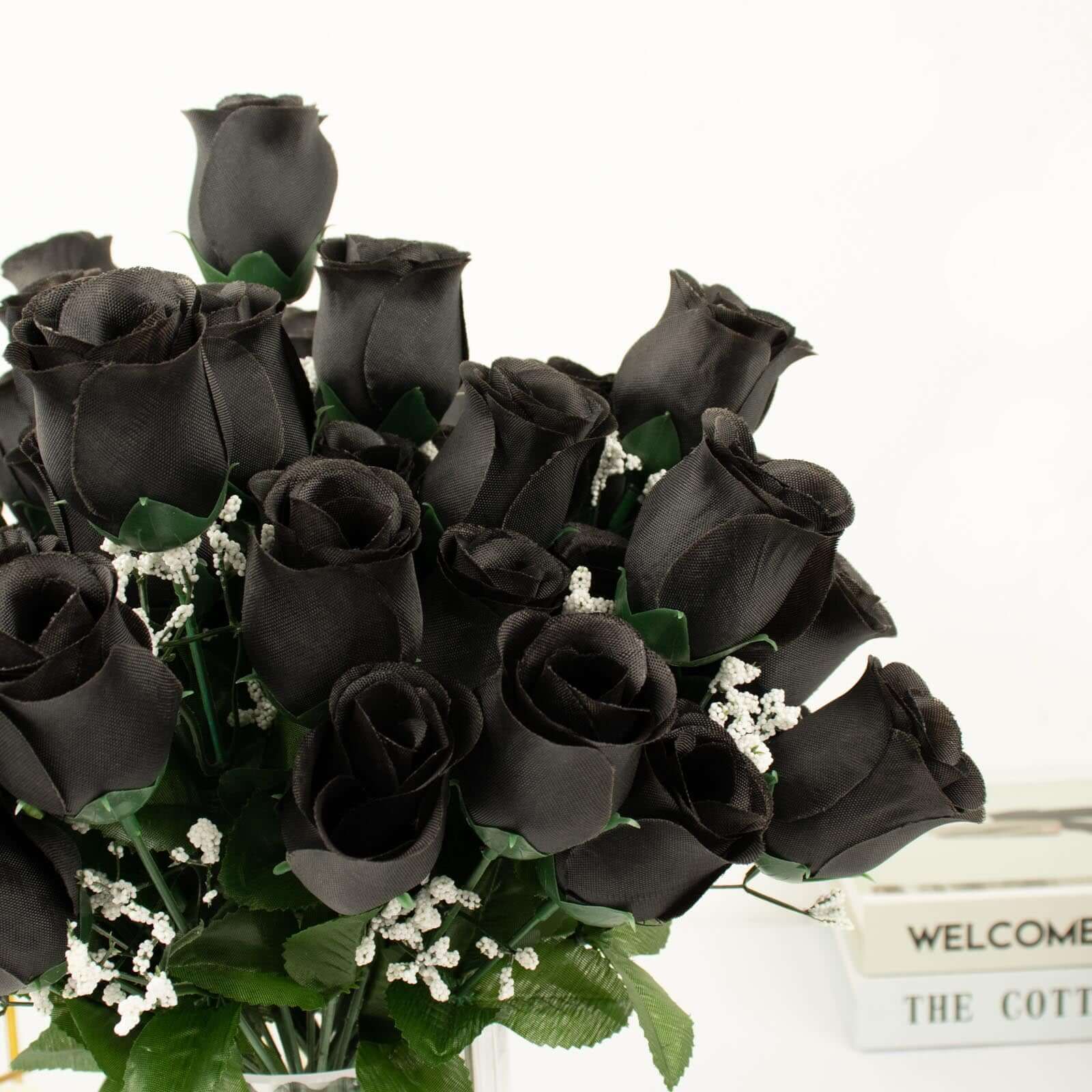 Premium Artificial Black Silk Rose Bud Bouquets - 12 Bushes for Stunning Decor