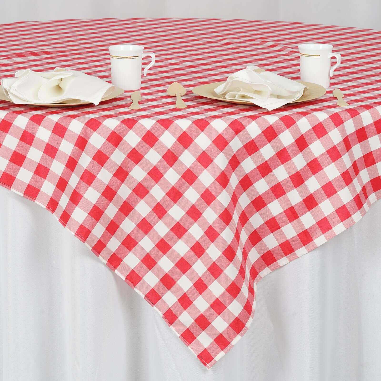 70x70 White/Red Checkered Buffalo Plaid Polyester Square Table Overlay