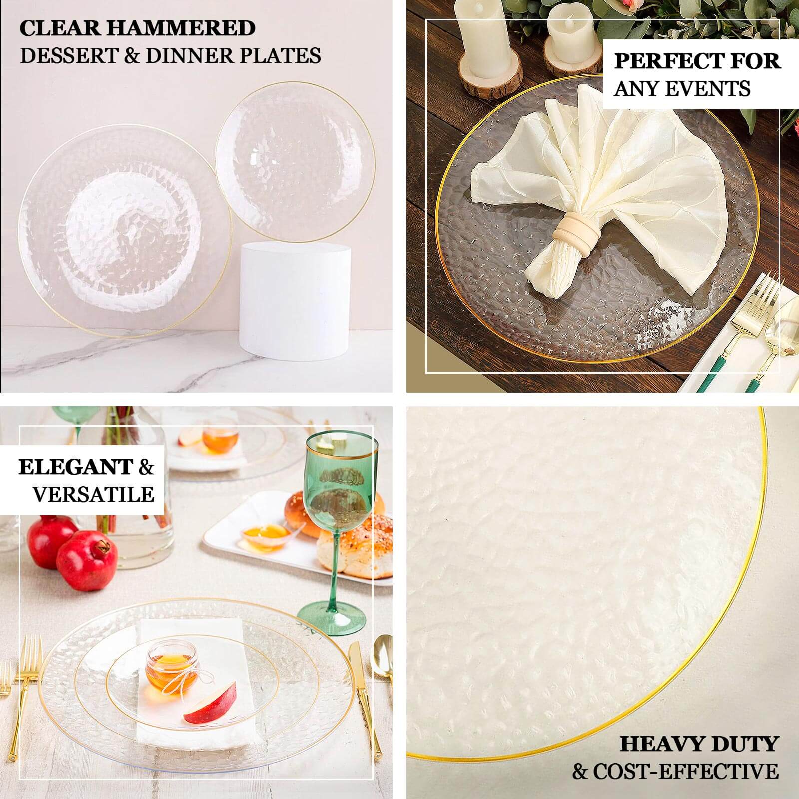 Hot Deal! 10-Pack Clear Plastic Round Dessert Plates with Hammered Gold Rim - Disposable & Modern