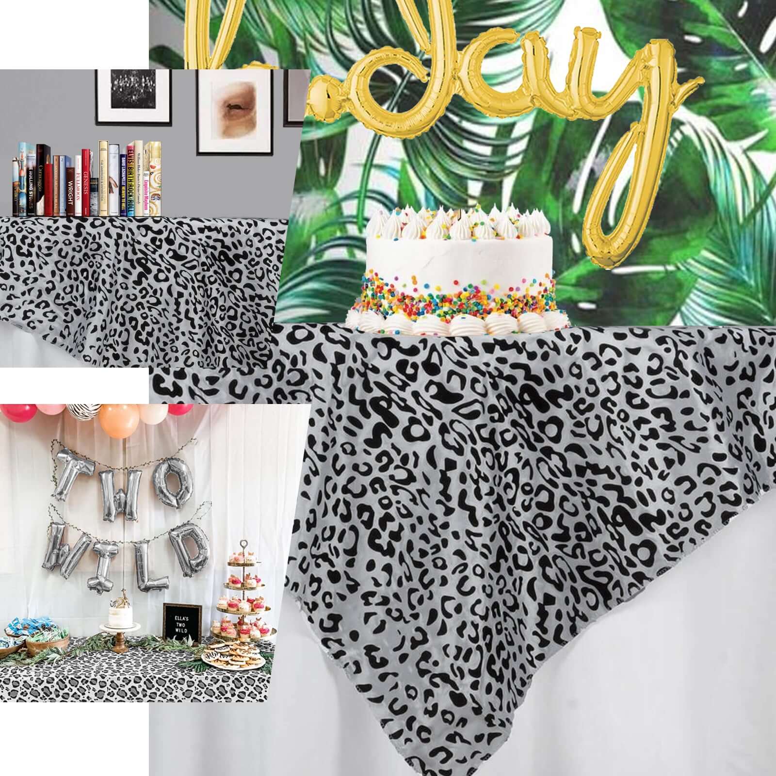 Hot! 90x90 Taffeta Table Overlay in Black/White Leopard Print for Wild Events