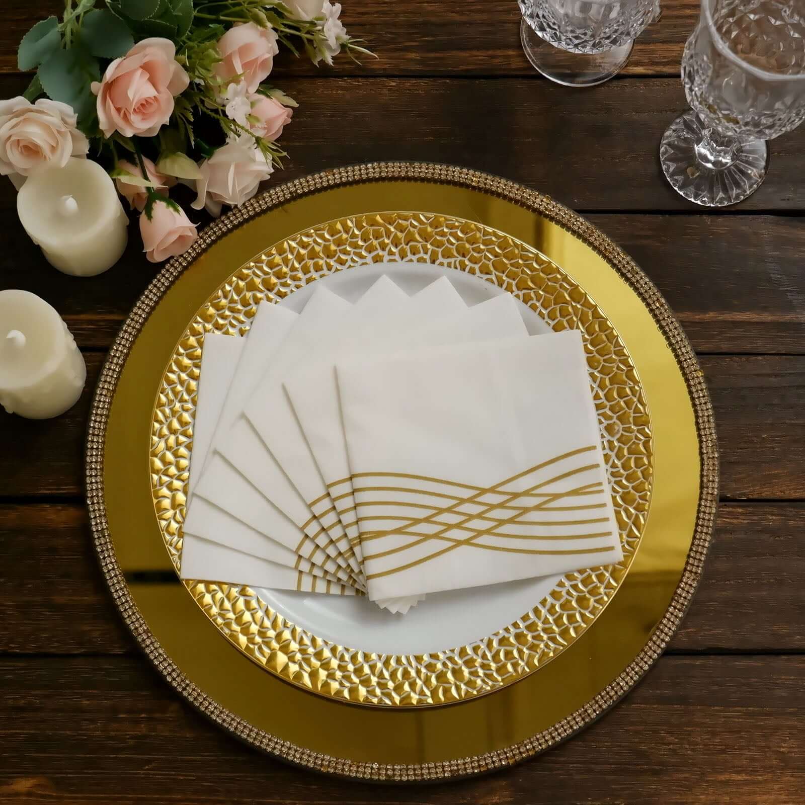 20-Piece Set of White Airlaid Cocktail Napkins with Gold Foil Wave Design