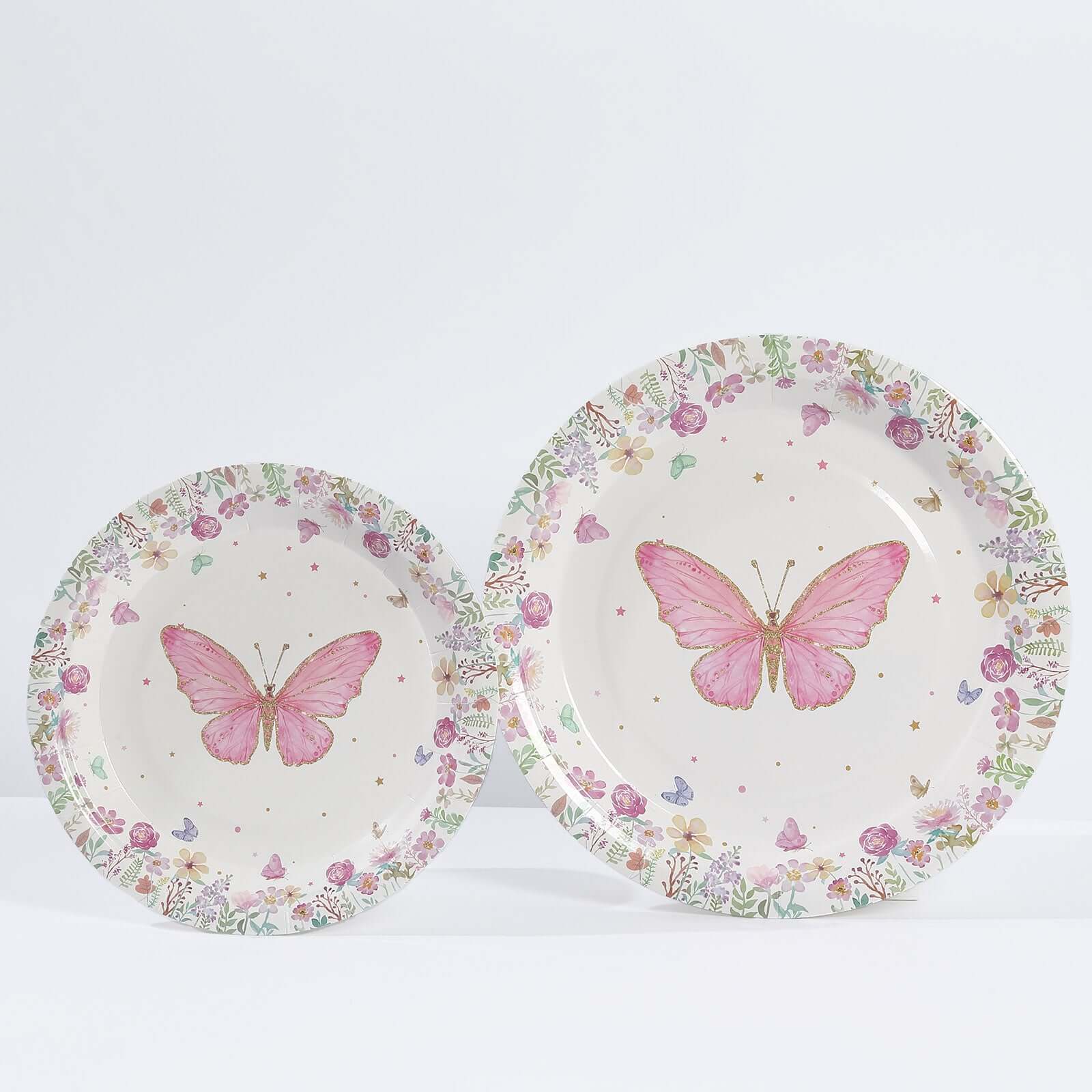 96-Piece Disposable Paper Dinnerware Set with Butterfly Print in White and Pink