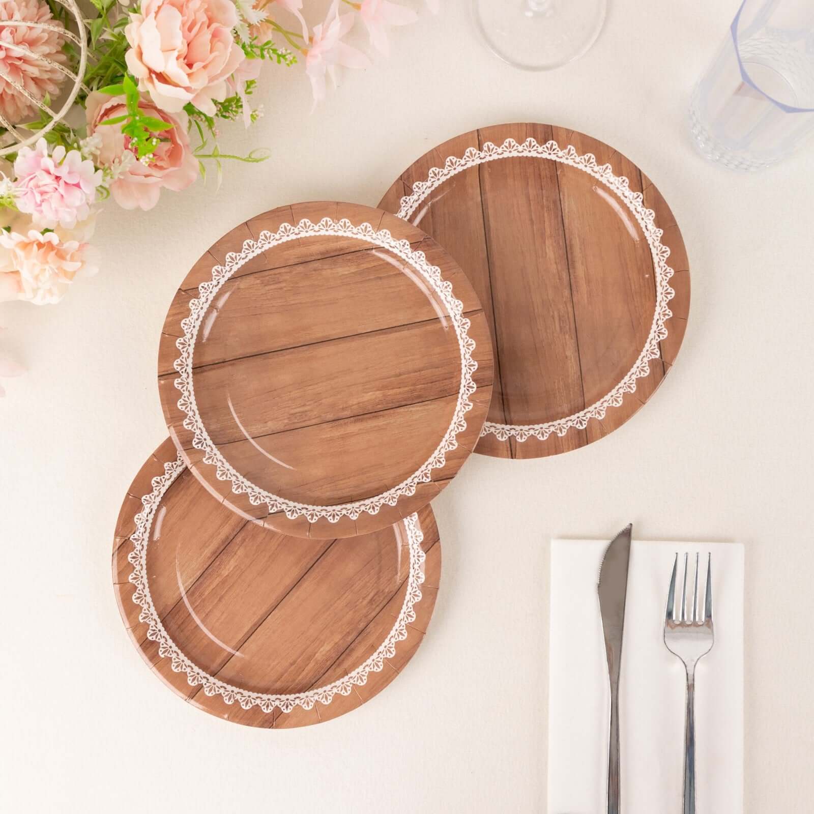 25-Pack Disposable 7-Inch Round Brown Wood Grain Paper Dessert Plates with White Lace Rim for Rustic Events