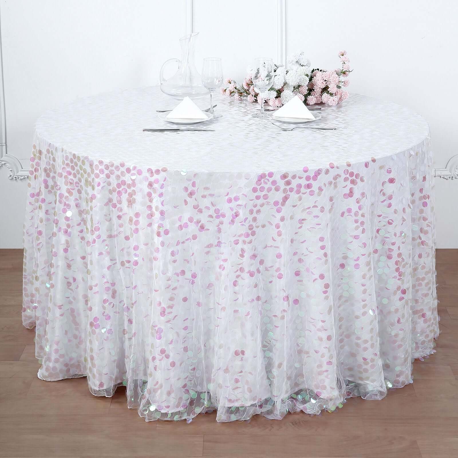 120-Inch Iridescent Seamless Big Payette Sequin Round Tablecloth for 5-Foot Tables