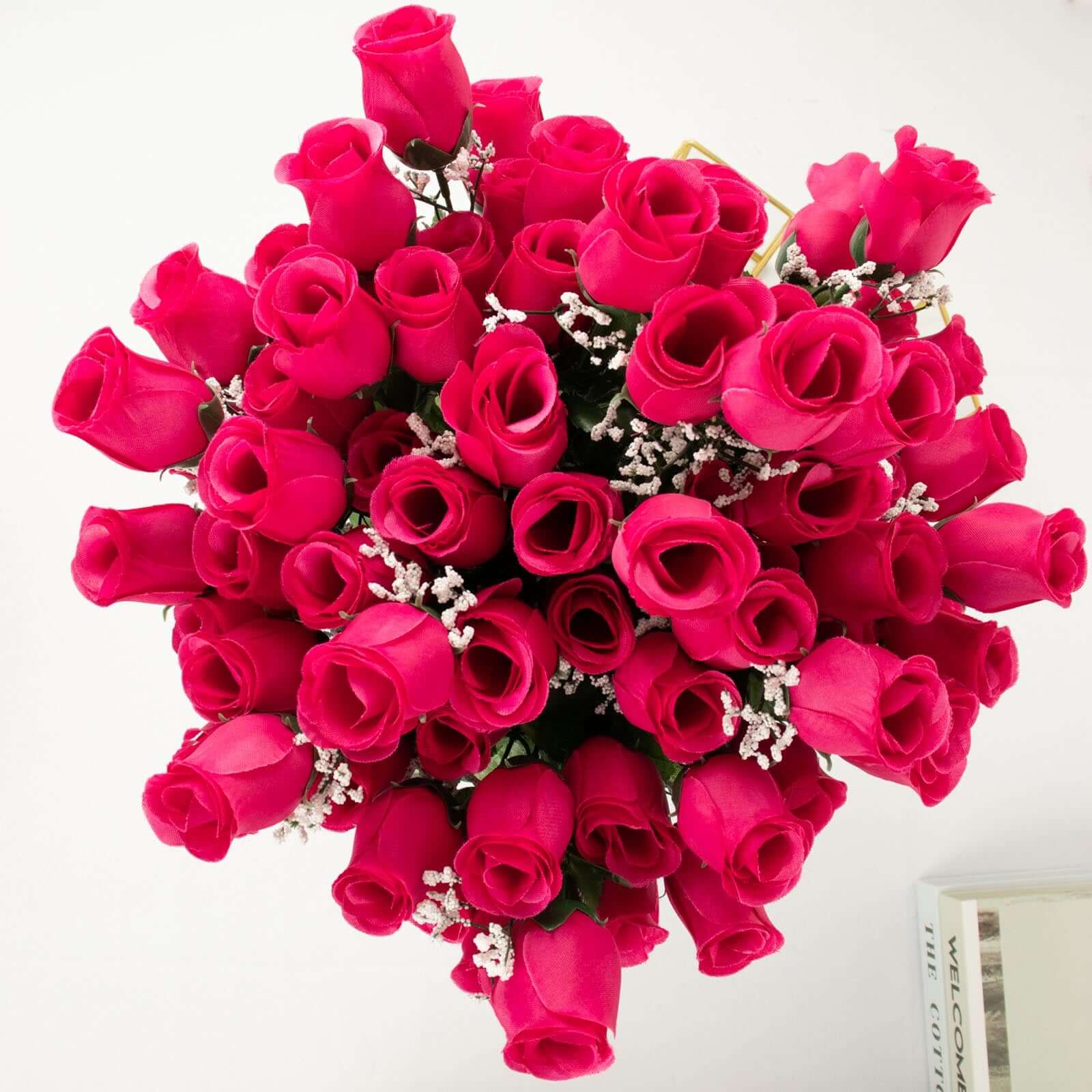 Premium Artificial Silk Fuchsia Rose Bud Bouquets - Set of 12 Bushes for Decor