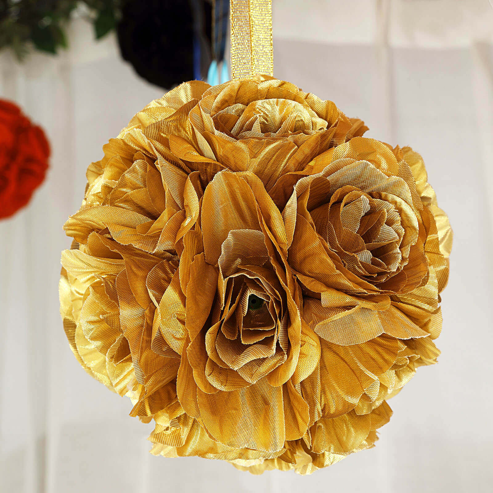 2-Piece Set of 7-Inch Gold Faux Silk Rose Kissing Balls