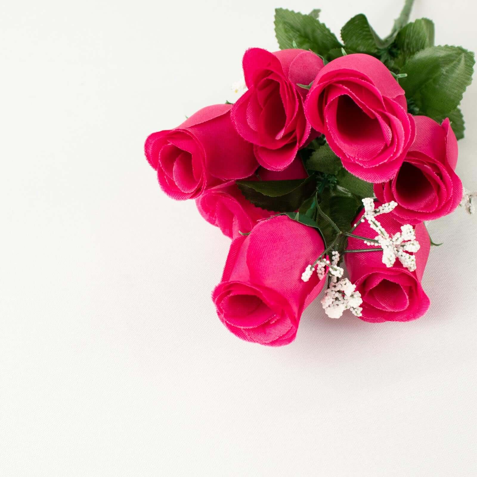 Premium Artificial Silk Fuchsia Rose Bud Bouquets - Set of 12 Bushes for Decor