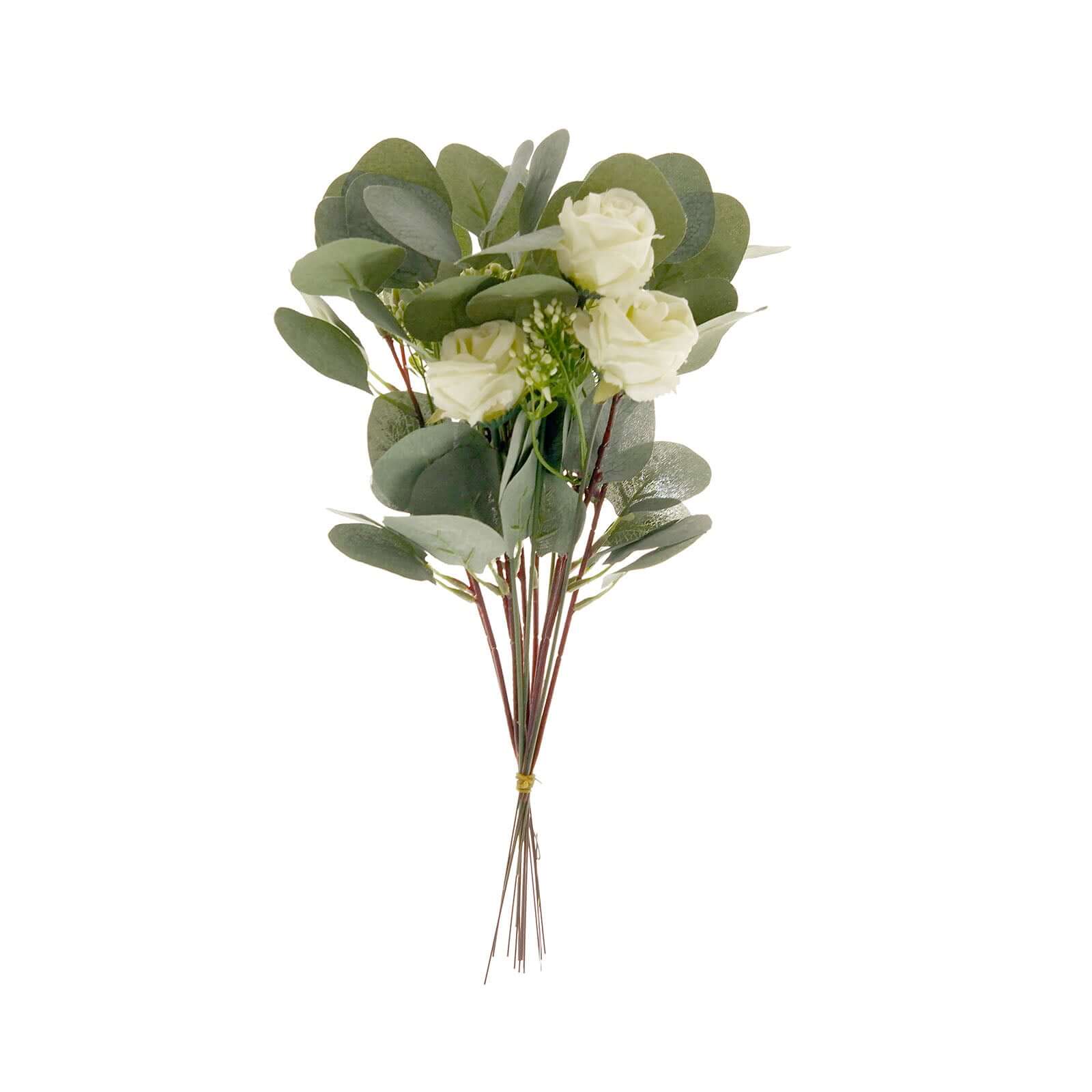 15-Piece Ivory Artificial Silk Rose and Eucalyptus Bouquet for Decor