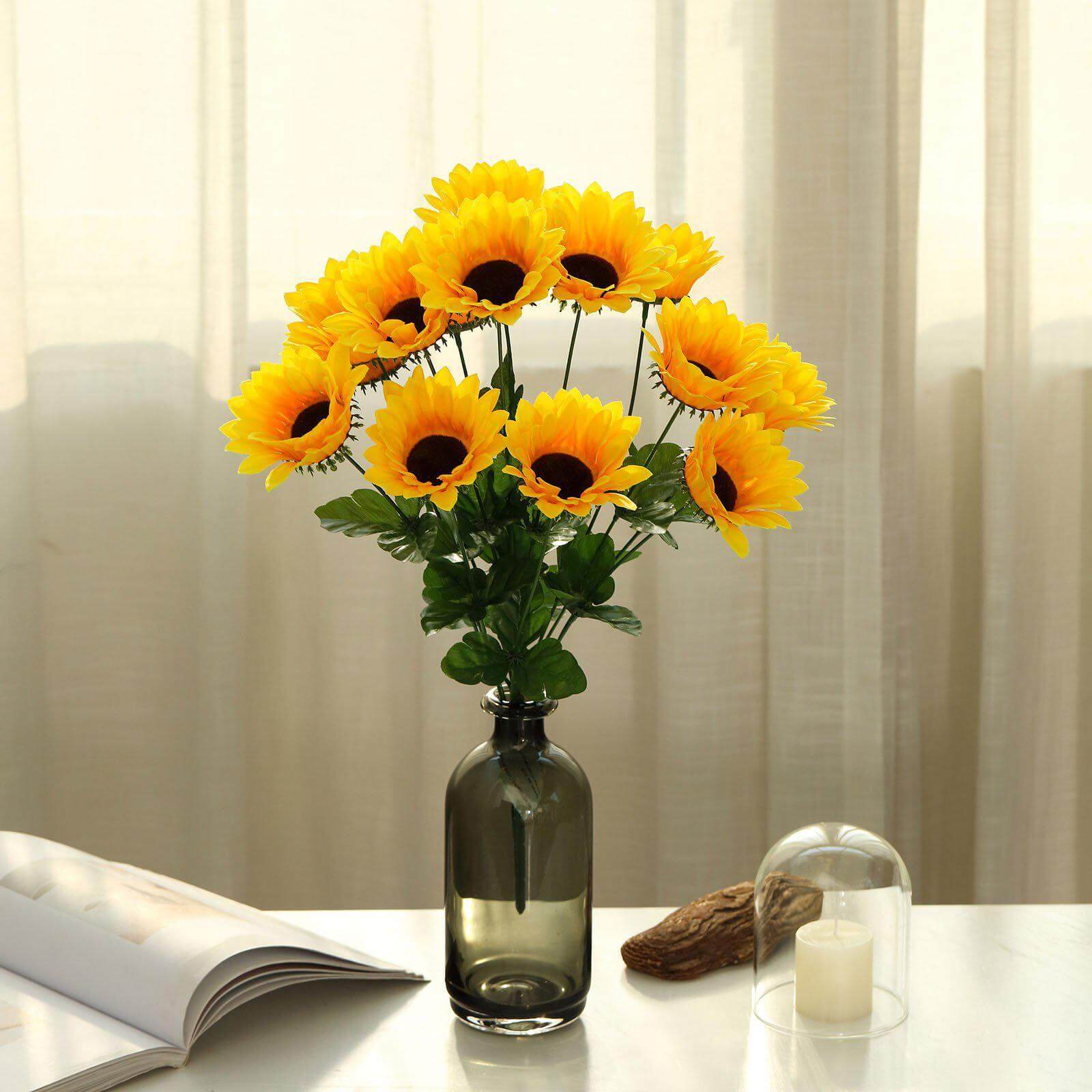 70 Yellow Artificial Silk Sunflowers in 5 Bushes for Vase Decoration