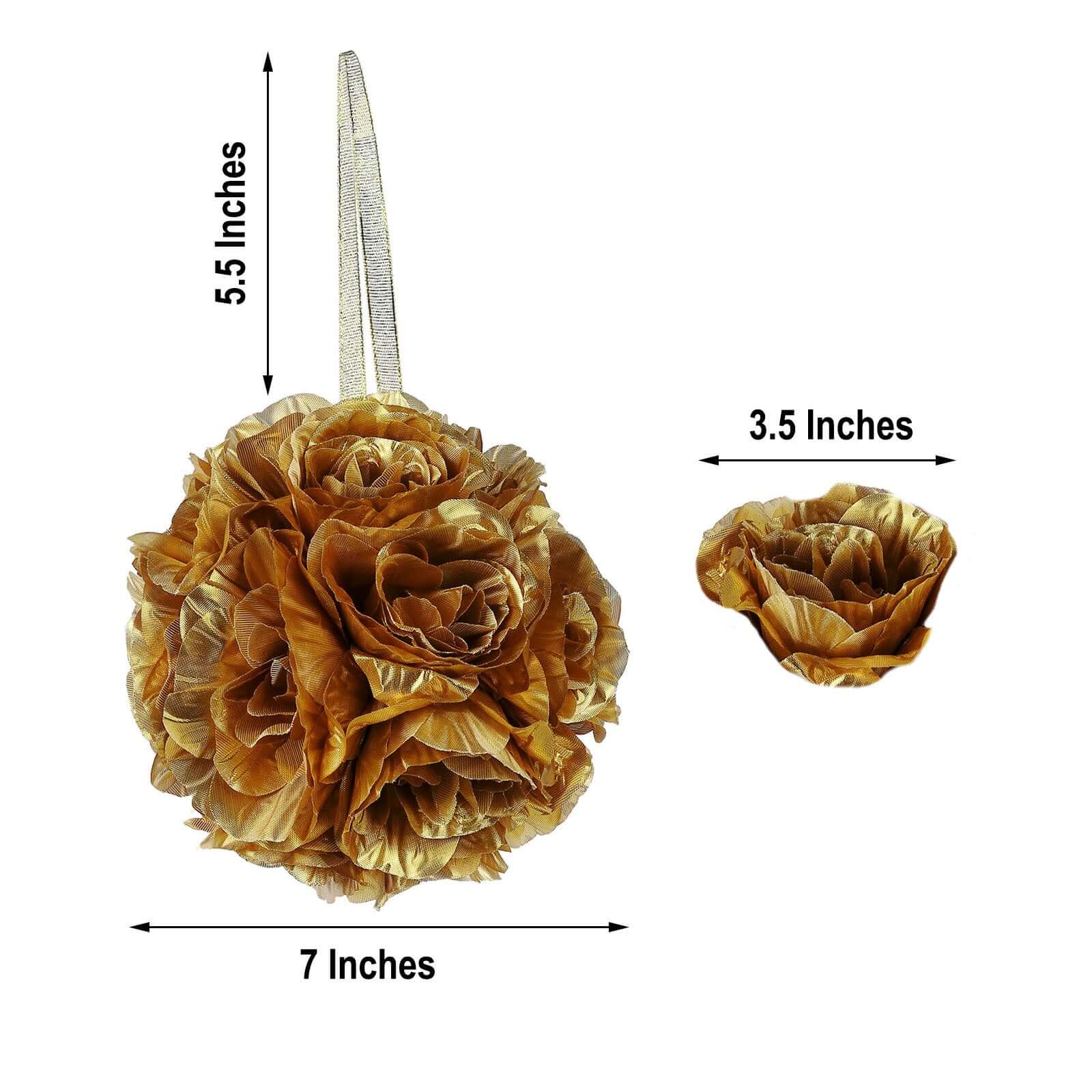 2-Piece Set of 7-Inch Gold Faux Silk Rose Kissing Balls