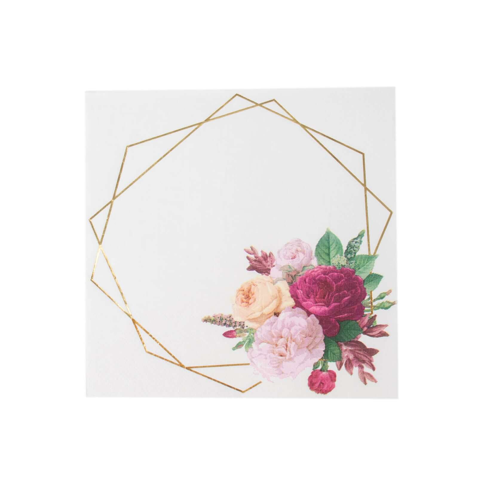 20-Pack White Paper Napkins with Gold Hexagon Frame & Floral Print - Ideal for Parties