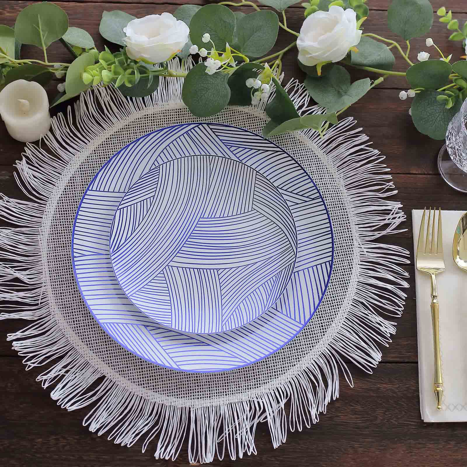 Great Deal! 10-Pack Disposable Plastic Round Dessert Plates in White with Blue Wave Pattern, 7 Inches