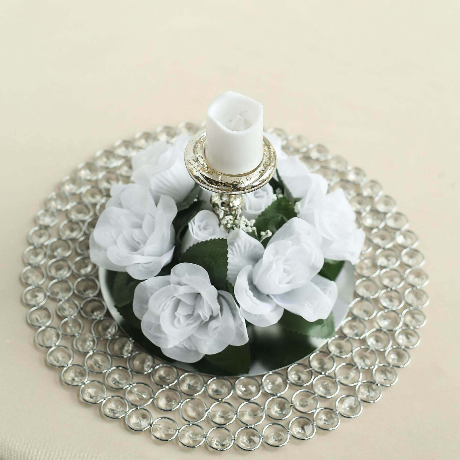 Set of 4 Artificial White Silk Rose and Baby's Breath Candle Ring Wreaths